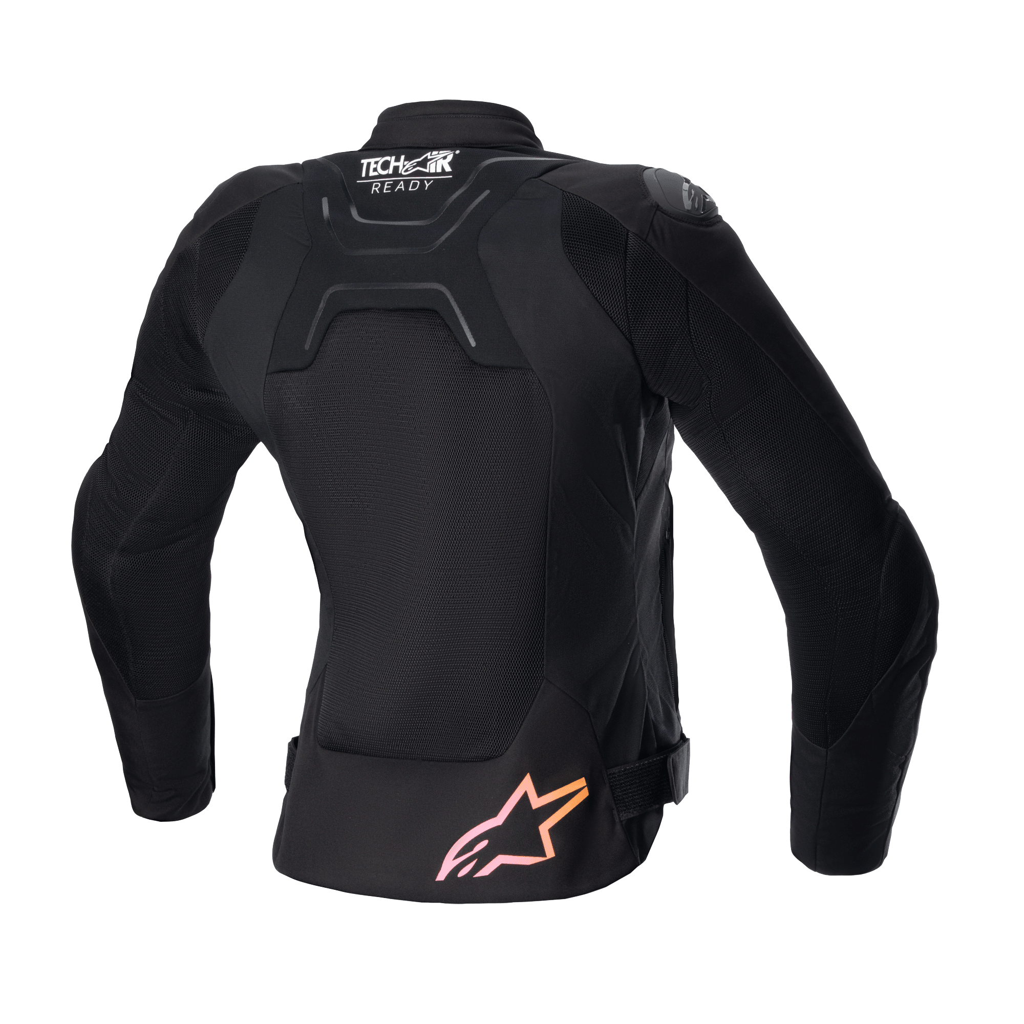 Alpinestars Stella SMX Air jakke til damer, set bagfra, sort med mesh-paneler, med 'Tech-Air Ready'-logo på øvre ryg og pink til orange gradueret stjernelogo forneden, beskyttende street sport motorcykeljakke