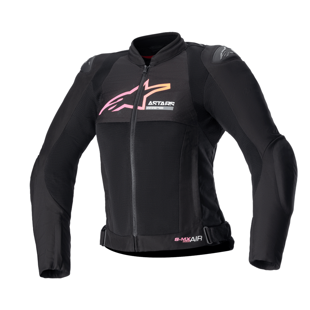 Alpinestars Stella SMX Air damejakke, motorcykeljakke, sort med pink og gult gradient-logo, set forfra med ventilationspaneler i mesh, DFS Lite-skulderbeskyttere og sporty ergonomisk design