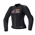 Alpinestars Stella SMX Air damejakke, motorcykeljakke, sort med pink og gult gradient-logo, set forfra med ventilationspaneler i mesh, DFS Lite-skulderbeskyttere og sporty ergonomisk design