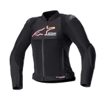 Alpinestars Stella SMX Air damejakke, motorcykeljakke, sort med pink og gult gradient-logo, set forfra med ventilationspaneler i mesh, DFS Lite-skulderbeskyttere og sporty ergonomisk design