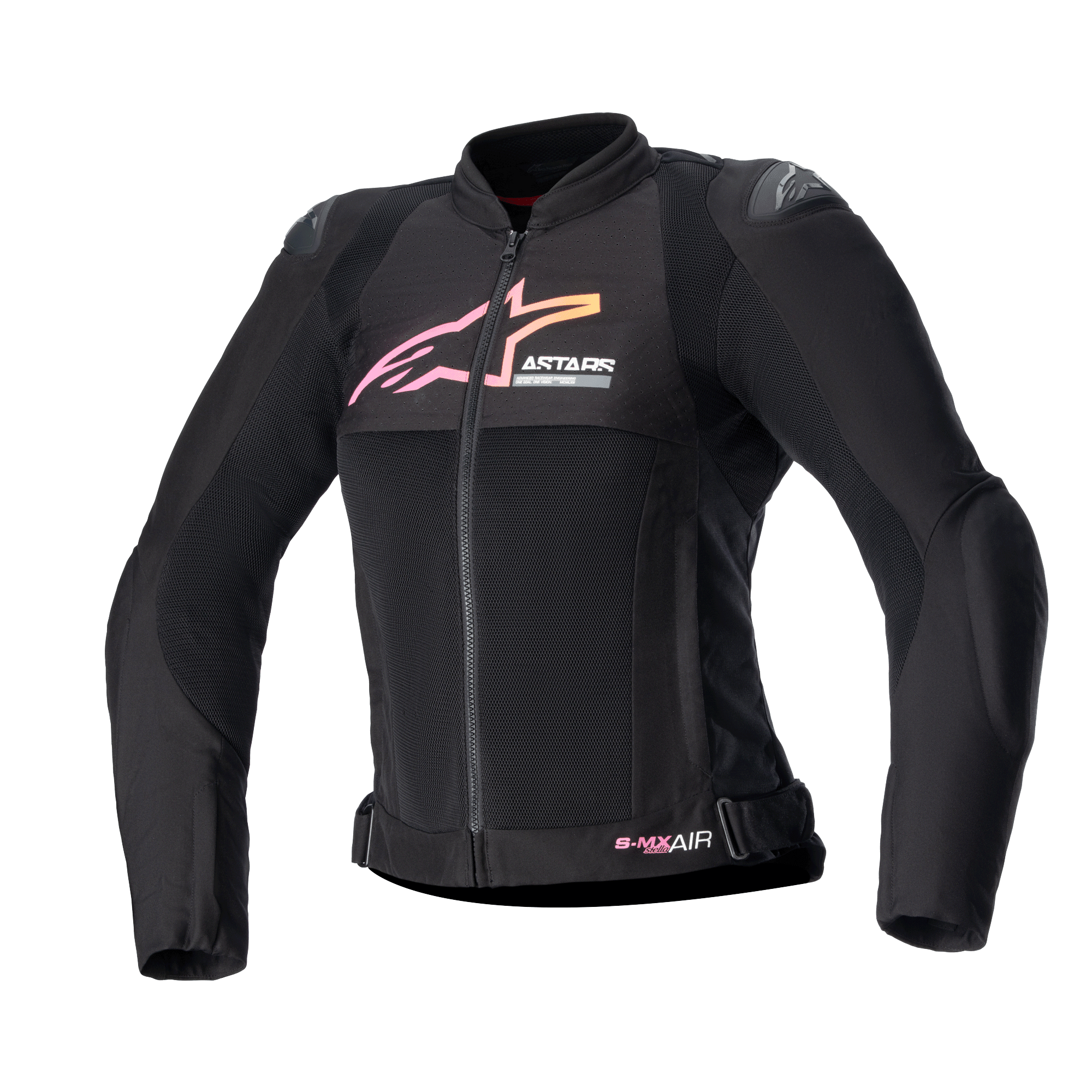 Alpinestars Stella SMX Air damejakke, motorcykeljakke, sort med pink og gult gradient-logo, set forfra med ventilationspaneler i mesh, DFS Lite-skulderbeskyttere og sporty ergonomisk design