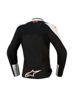 Alpinestars Stella SMX Air damejakke, set bagfra, Ice Gray og sort med Coral Fluo-detaljer, med et stort ventileret mesh-rygpanel, Tech-Air Ready-branding på den øverste del af ryggen og et hvidt Alpinestars-stjernelogo ved kanten.