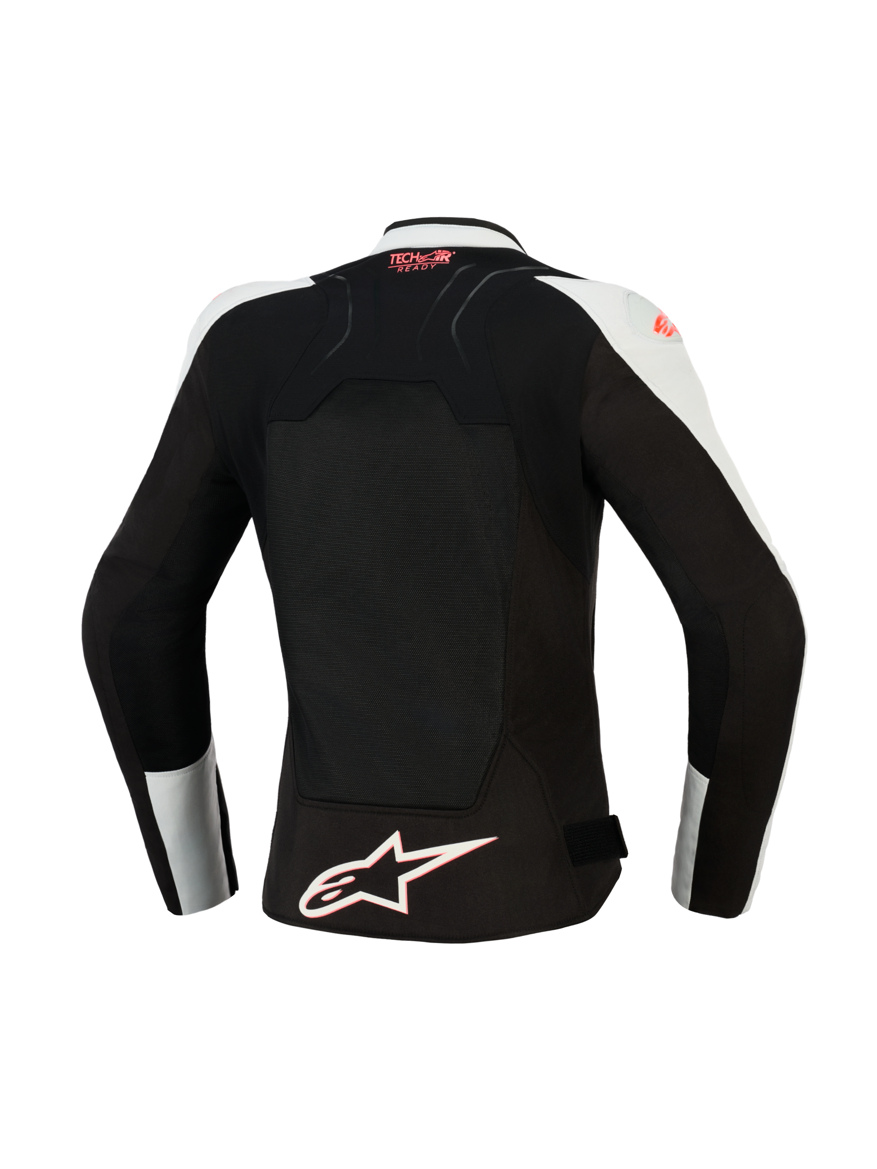Alpinestars Stella SMX Air damejakke, set bagfra, Ice Gray og sort med Coral Fluo-detaljer, med et stort ventileret mesh-rygpanel, Tech-Air Ready-branding på den øverste del af ryggen og et hvidt Alpinestars-stjernelogo ved kanten.