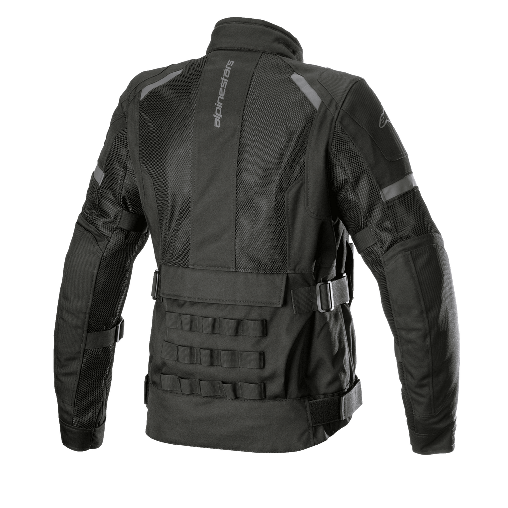 Alpinestars Stella Crosshill WP Air jakke til damer, motorcykel touring-jakke, sort, set bagfra med store mesh-paneler for luftgennemstrømning, militærinspireret PALS-modulært gjordbånd på lænden og justerbare volumenstropper i taljen og på armene