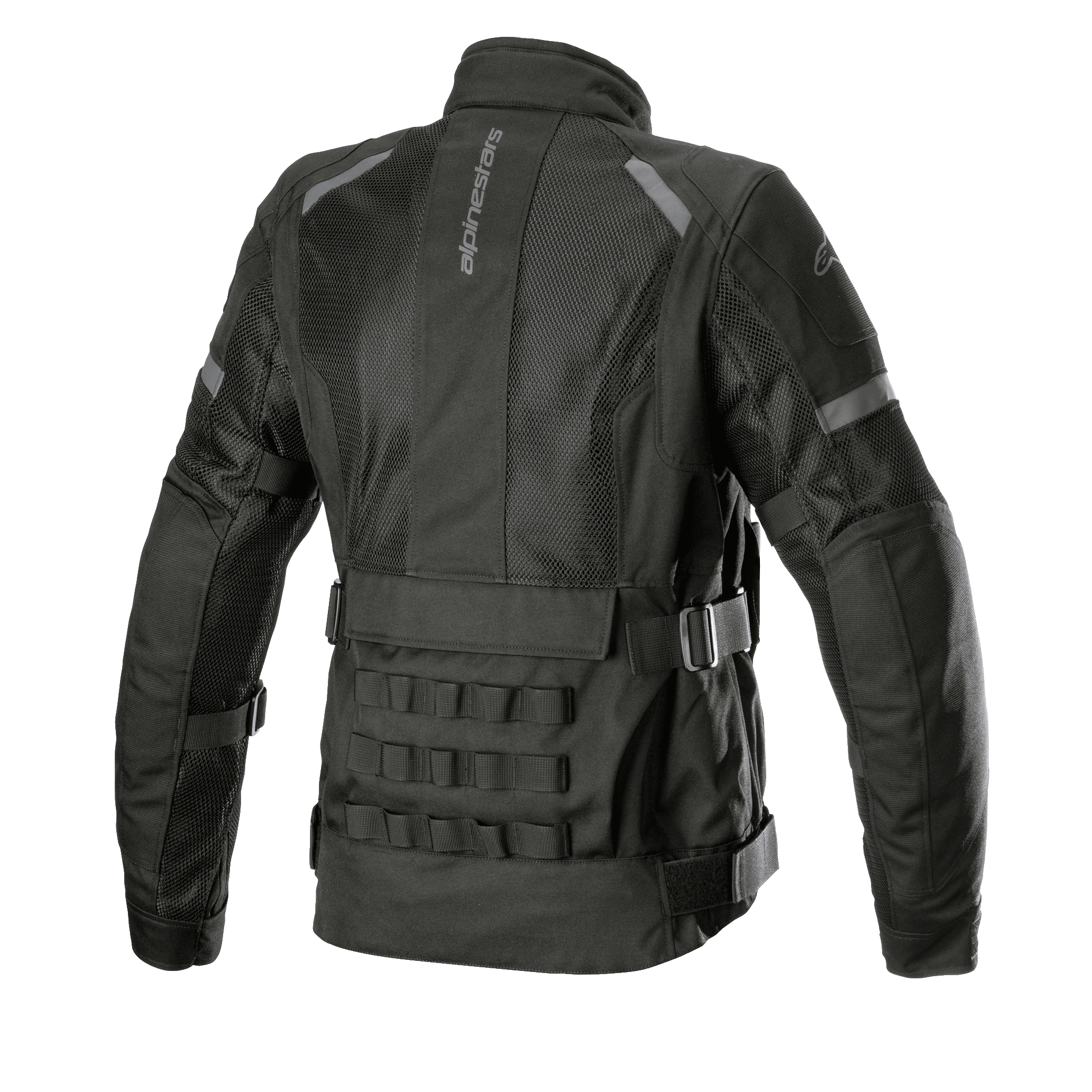 Alpinestars Stella Crosshill WP Air jakke til damer, motorcykel touring-jakke, sort, set bagfra med store mesh-paneler for luftgennemstrømning, militærinspireret PALS-modulært gjordbånd på lænden og justerbare volumenstropper i taljen og på armene