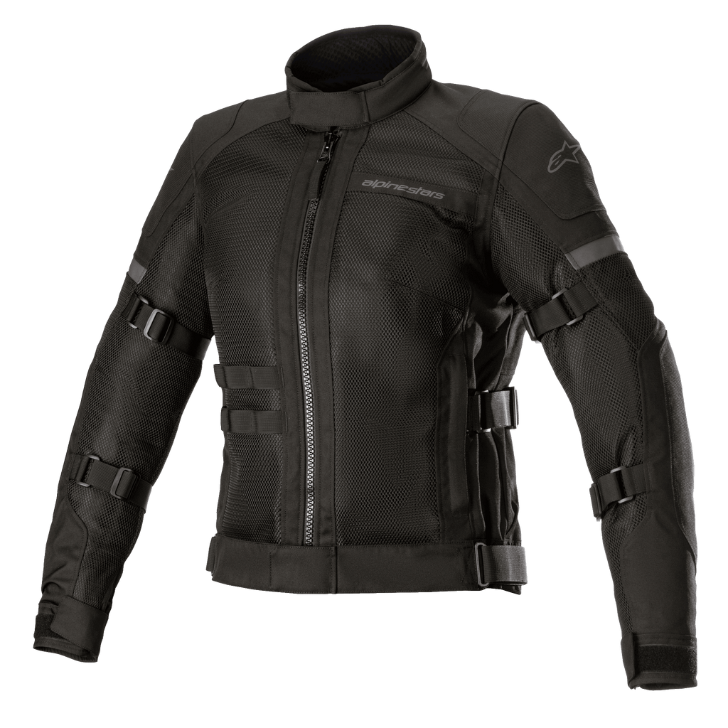 Alpinestars Stella Crosshill WP Air jakke, motorcykeljakke til damer, sort, med store tech mesh-paneler for luftgennemstrømning, justerbare stropper på ærmer og torso, høj krave med lynlås foran, strømlinet touring-design med diskret branding