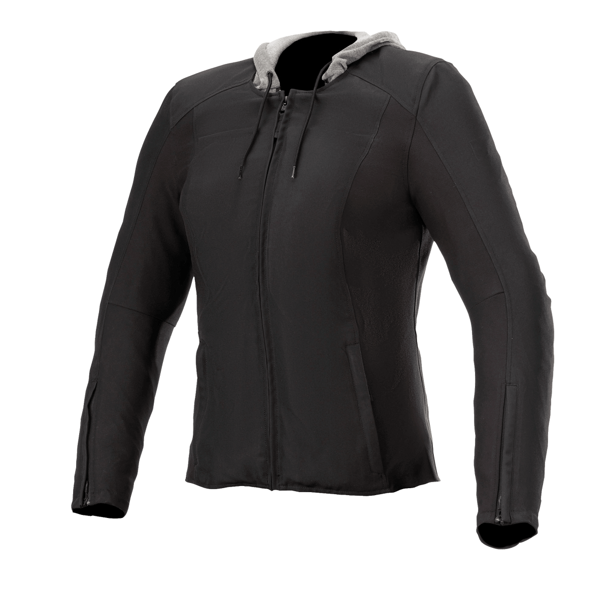 Alpinestars Bond Women's Jacket, Black with Gray Hood, Women's Urban Motorcycle Jacket, Front Zipper, Long Sleeves with Cuff Zippers, Tailored Fit, Smooth Waxed Textile Fabric