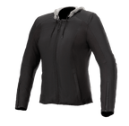 Alpinestars Bond damejakke, sort med grå hætte, urban motorcykeljakke til kvinder, lynlås foran, lange ærmer med lynlåse ved manchetterne, skræddersyet pasform, glat vokset tekstilmateriale