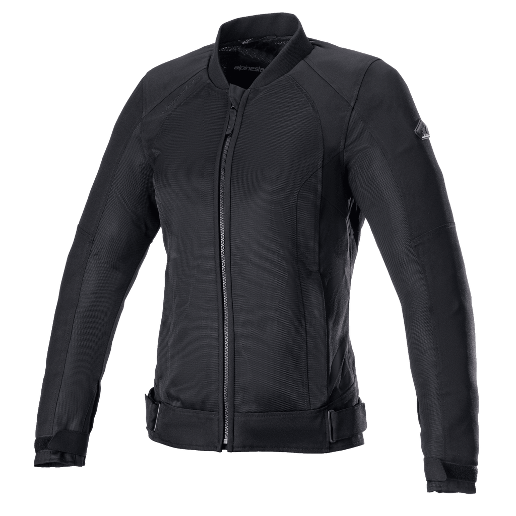Alpinestars Eloise V2 Air-jakke til damer, sort motorcykeljakke, helsort tekstil- og mesh-konstruktion, lynlås foran, høj krave, justerbare stropper i taljen, strømlinet design til urban kørsel