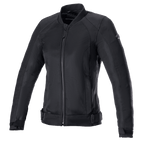 Alpinestars Eloise V2 Air-jakke til damer, sort motorcykeljakke, helsort tekstil- og mesh-konstruktion, lynlås foran, høj krave, justerbare stropper i taljen, strømlinet design til urban kørsel