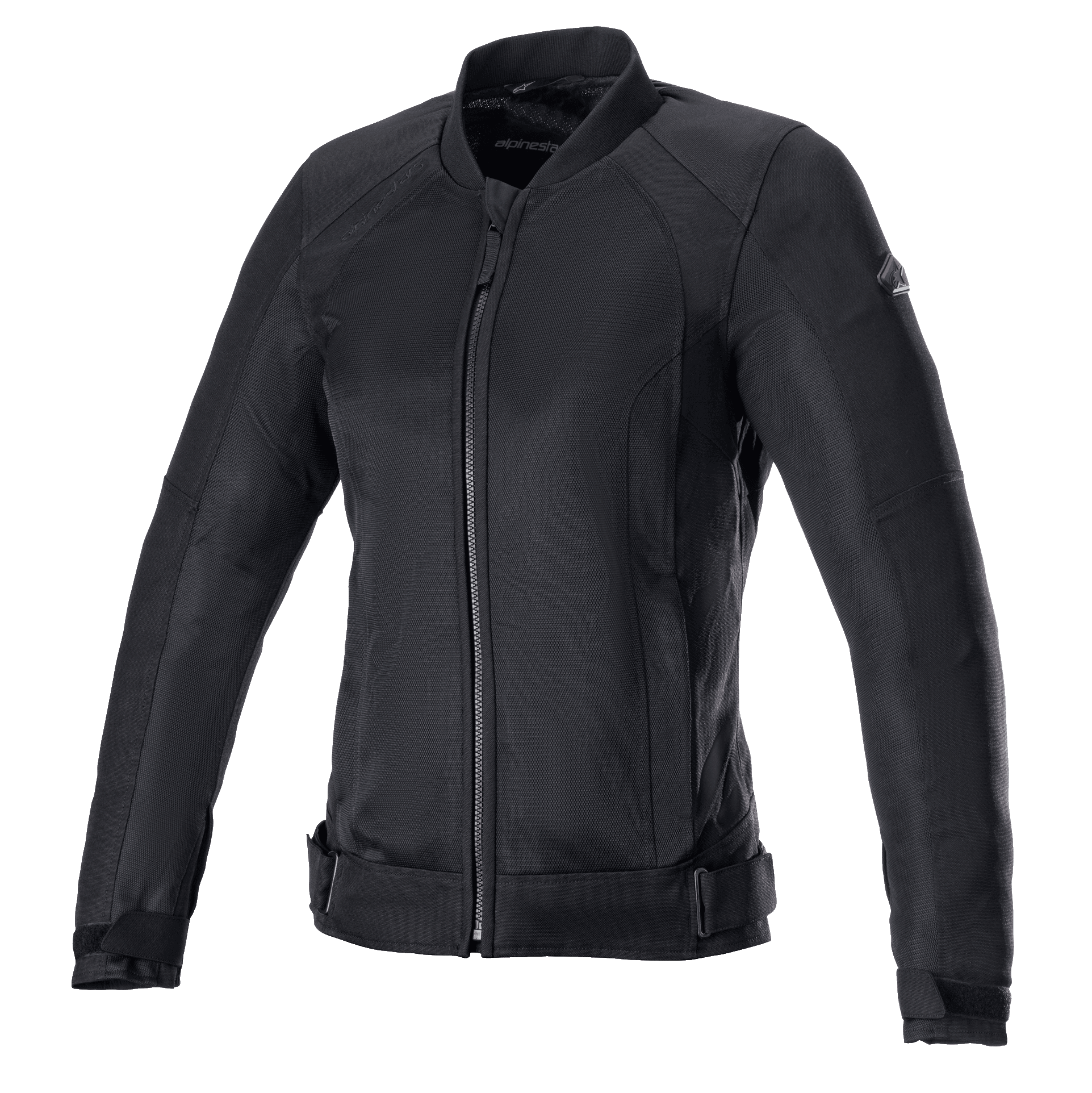 Alpinestars Eloise V2 Air-jakke til damer, sort motorcykeljakke, helsort tekstil- og mesh-konstruktion, lynlås foran, høj krave, justerbare stropper i taljen, strømlinet design til urban kørsel