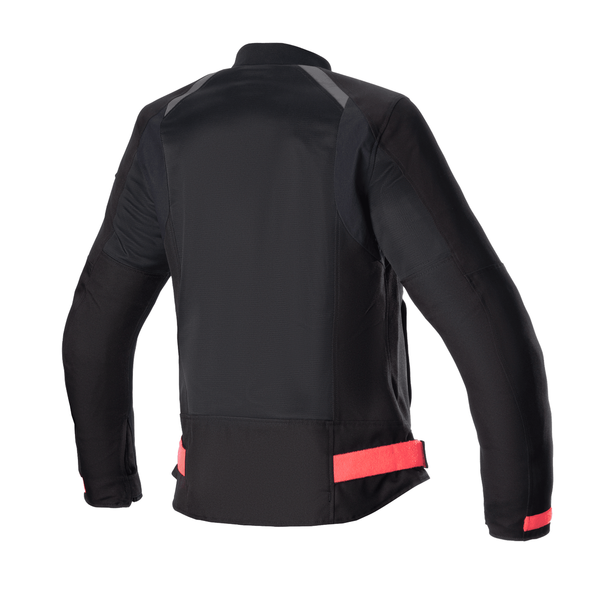 Alpinestars Eloise V2 Air-jakke til damer, motorcykeljakke til kvinder, sort med Diva Pink-detaljer, set bagfra med omfattende mesh-paneler for luftgennemstrømning, justerbare lyserøde taljestropper og forlænget bagprofil for kørekomfort