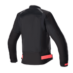 Alpinestars Eloise V2 Air-jakke til damer, motorcykeljakke til kvinder, sort med Diva Pink-detaljer, set bagfra med omfattende mesh-paneler for luftgennemstrømning, justerbare lyserøde taljestropper og forlænget bagprofil for kørekomfort