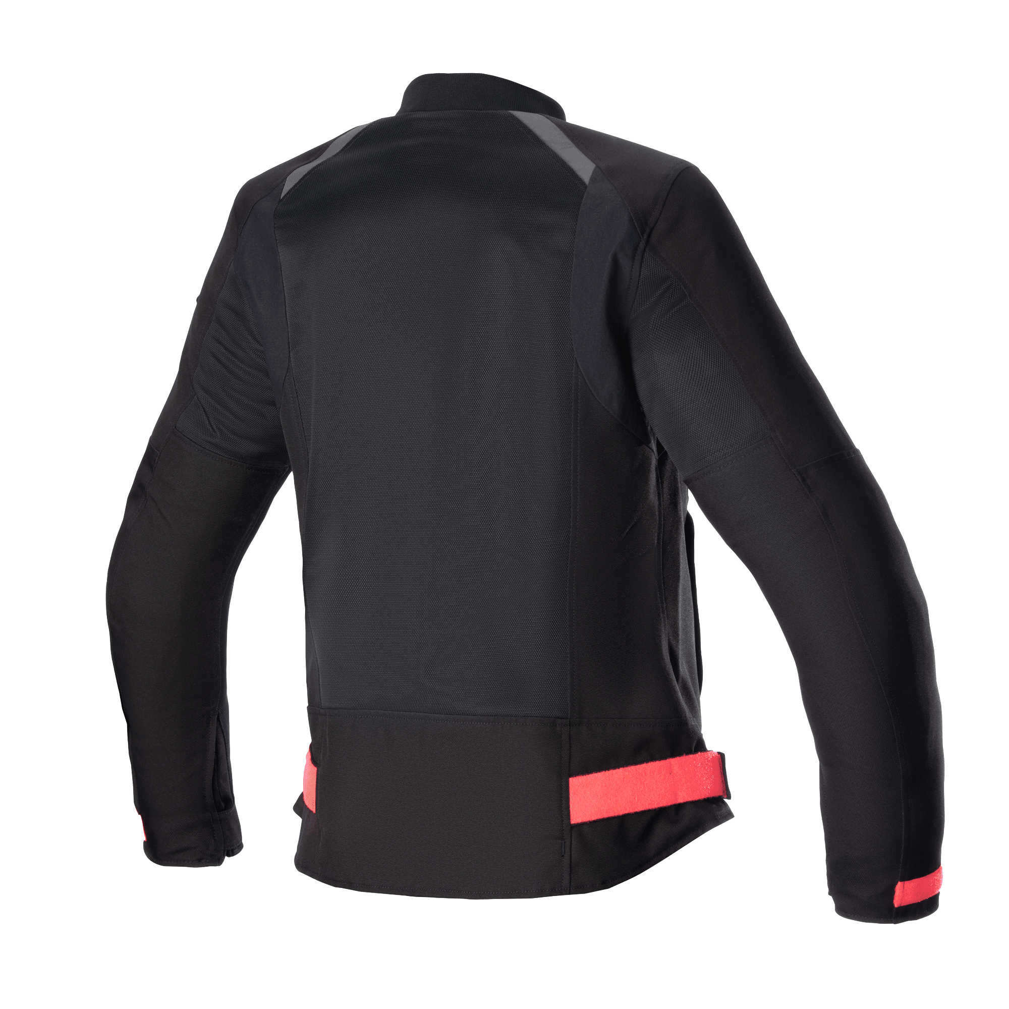 Alpinestars Eloise V2 Air-jakke til damer, motorcykeljakke til kvinder, sort med Diva Pink-detaljer, set bagfra med omfattende mesh-paneler for luftgennemstrømning, justerbare lyserøde taljestropper og forlænget bagprofil for kørekomfort