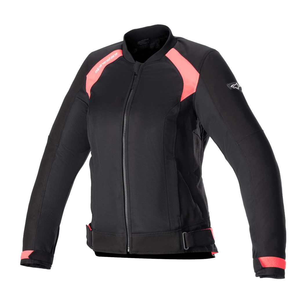 Alpinestars Eloise V2 Women's Air Jacket, sort og Diva Pink, motorcykeljakke i tekstil i bomber-stil med mesh-paneler til ventilation, lynlås foran, justerbare taljestropper og ergonomisk pasform til kvindelige kørere