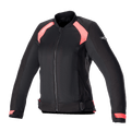 Alpinestars Eloise V2 Women's Air Jacket, sort og Diva Pink, motorcykeljakke i tekstil i bomber-stil med mesh-paneler til ventilation, lynlås foran, justerbare taljestropper og ergonomisk pasform til kvindelige kørere