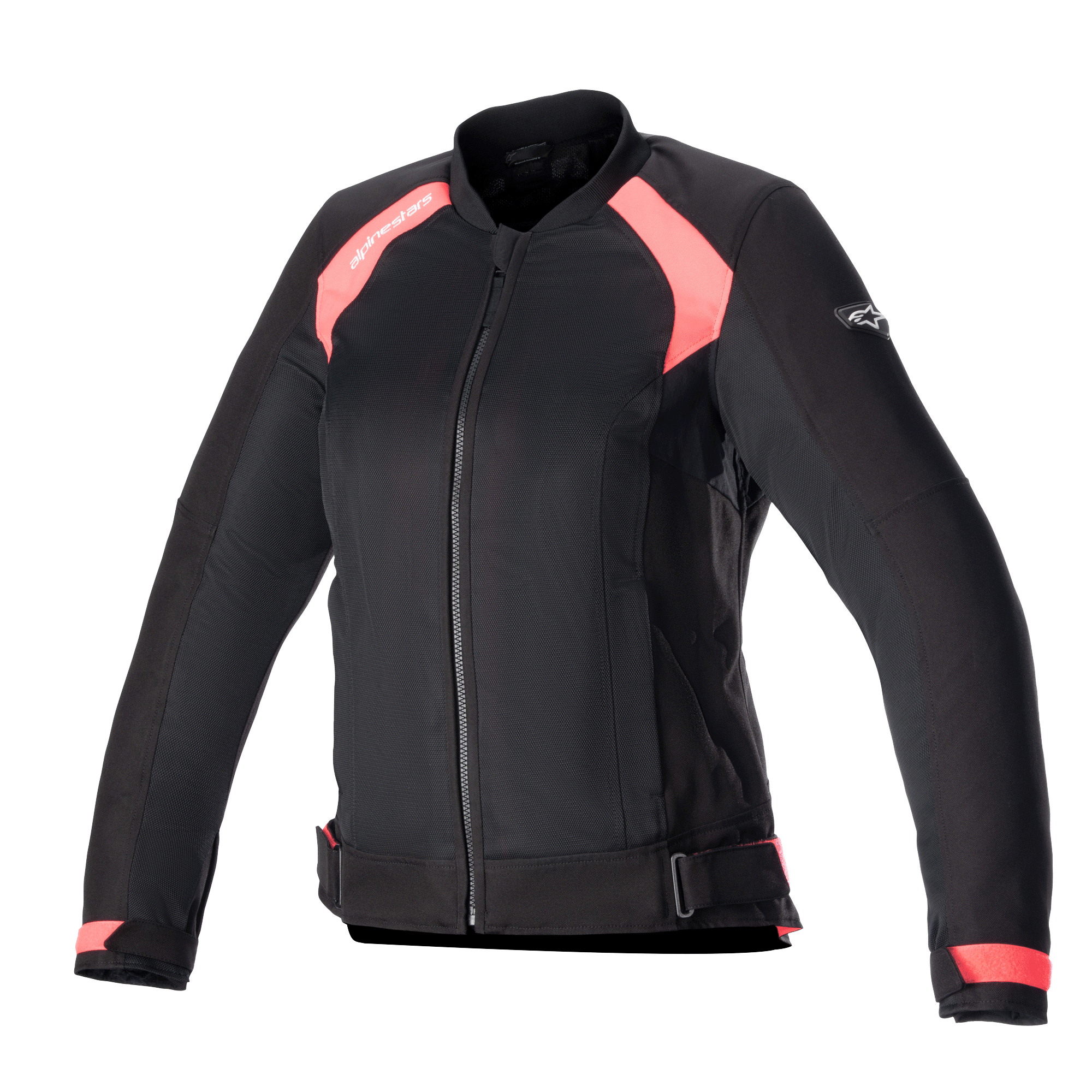 Alpinestars Eloise V2 Women's Air Jacket, sort og Diva Pink, motorcykeljakke i tekstil i bomber-stil med mesh-paneler til ventilation, lynlås foran, justerbare taljestropper og ergonomisk pasform til kvindelige kørere