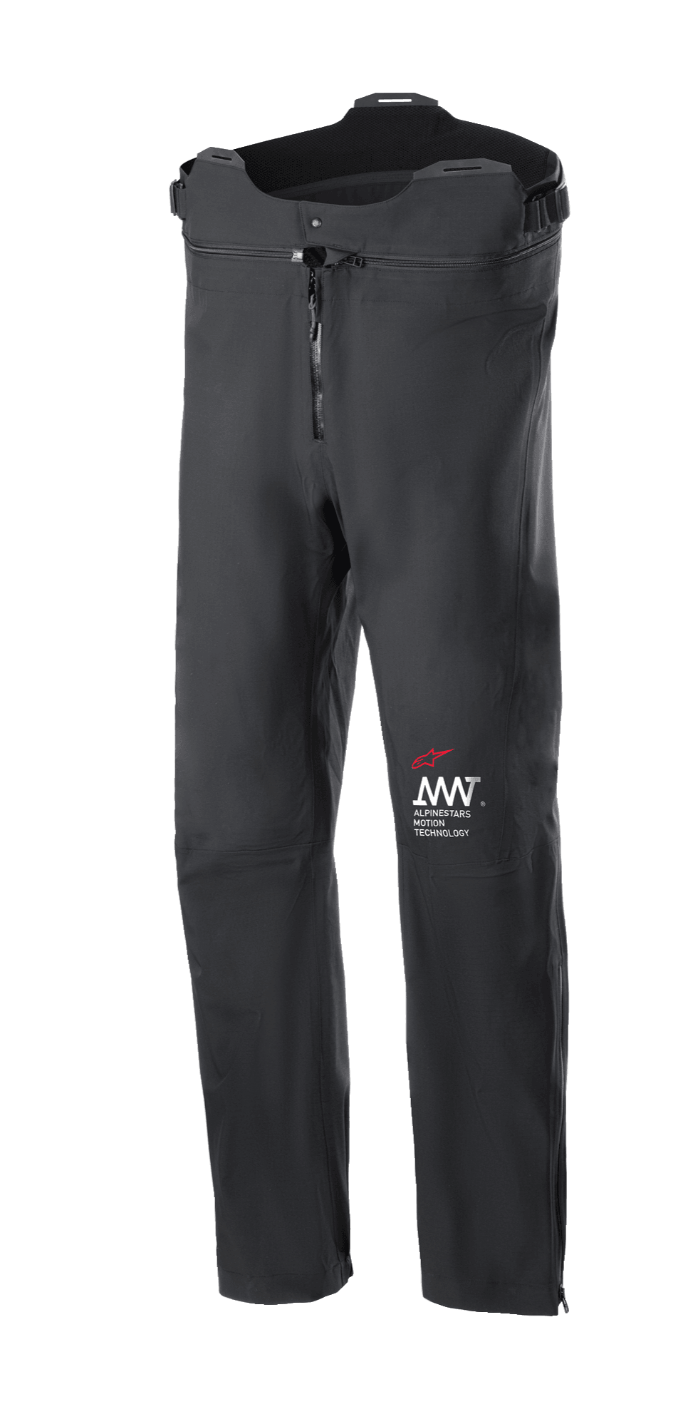 Alpinestars AMT Storm Gear Drystar XF bukser, sorte motorcykel touring-bukser, vandtætte og åndbare, lynlås foran, justerbar talje med højere snit i ryggen, slidstærk konstruktion med rødt og hvidt AMT-logo