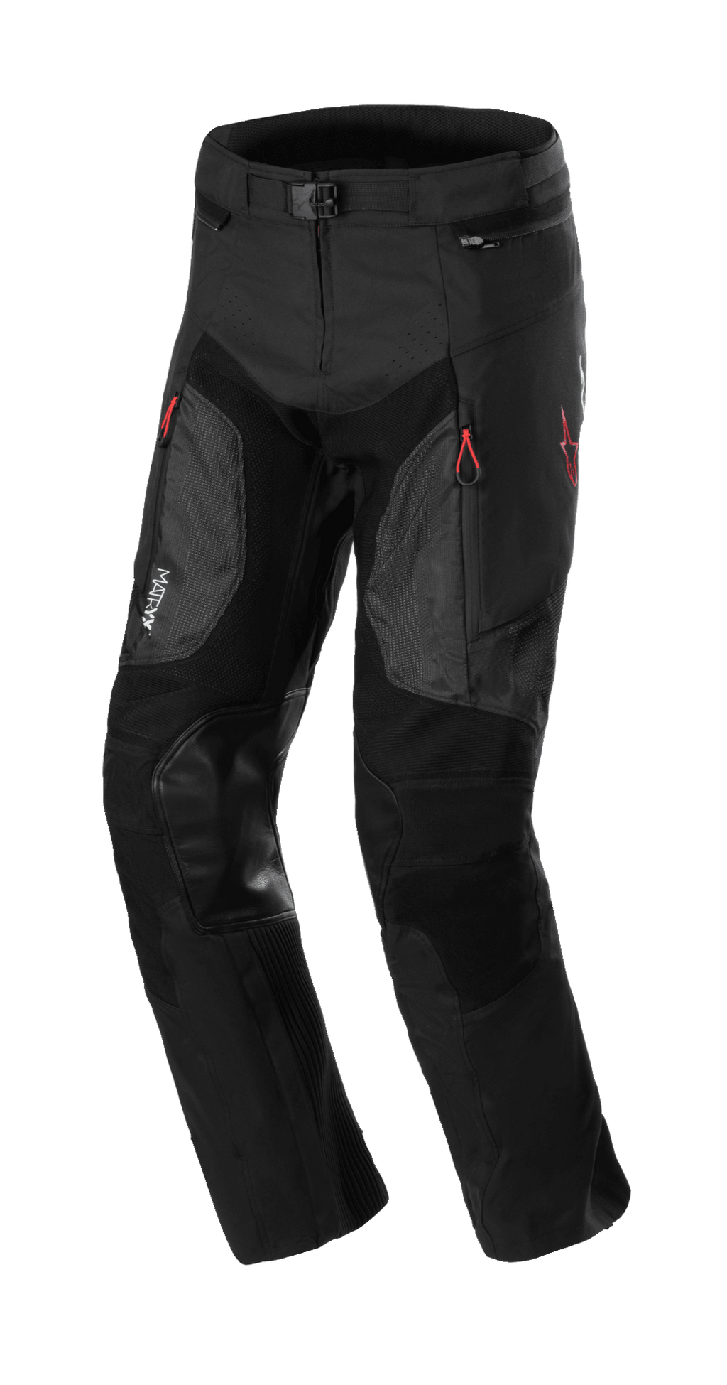 Alpinestars AMT 7 Air Pants, beskyttende motorcykelbukser, Black Dark Shadow, med MATRYX ventilationspaneler på lårene, forstærkede læderlapper på knæene, røde lynlåsstropper og justerbar talje, holdbar tekstilkonstruktion til adventure-kørsel