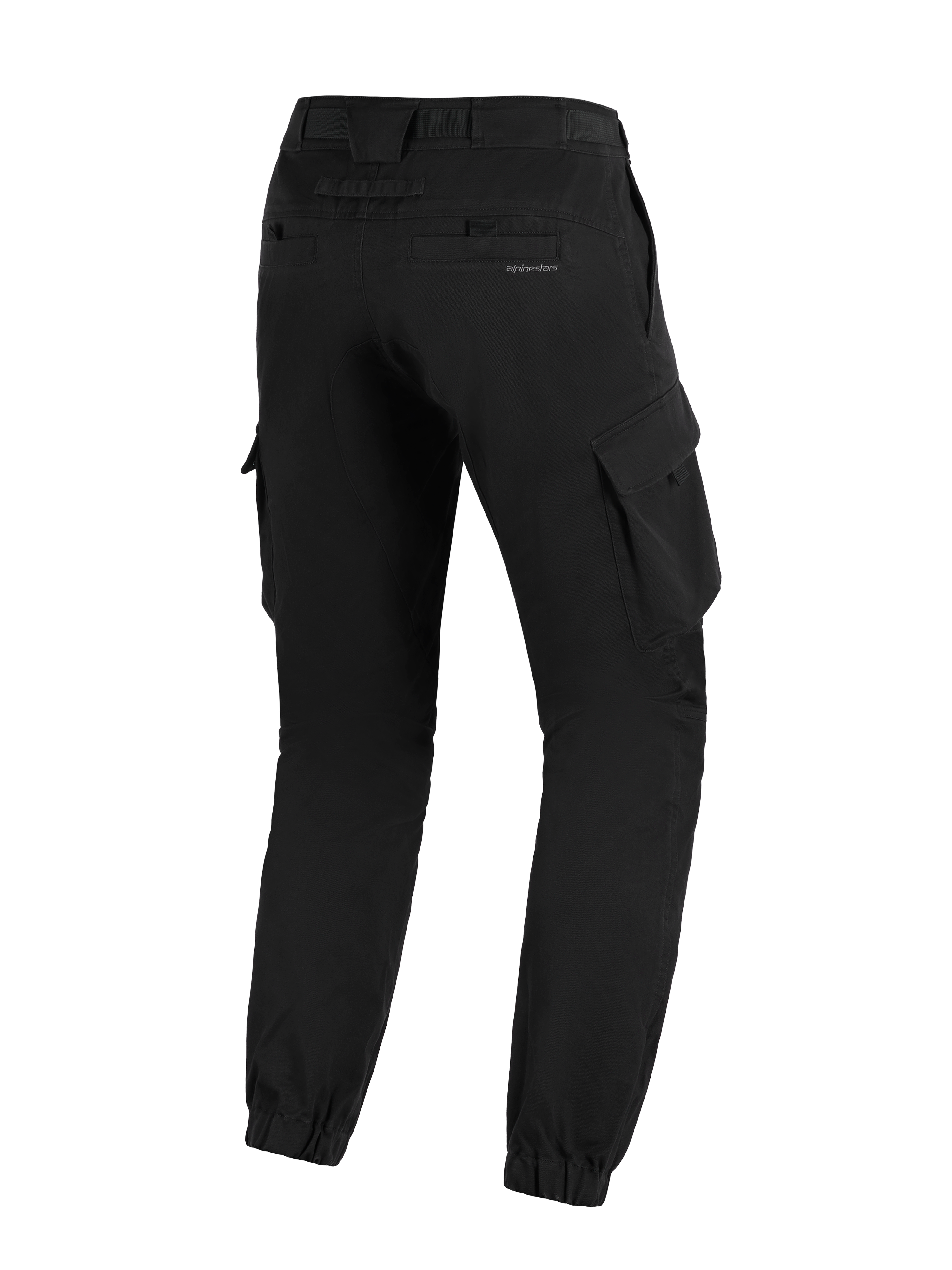 Alpinestars Flex-AST Cargo-bukser - Short, Sort, urbane motorcykelbukser set bagfra, tilspidset pasform, elastiske opslag ved anklerne, cargolommer i siderne og subtilt logo på baglommen.
