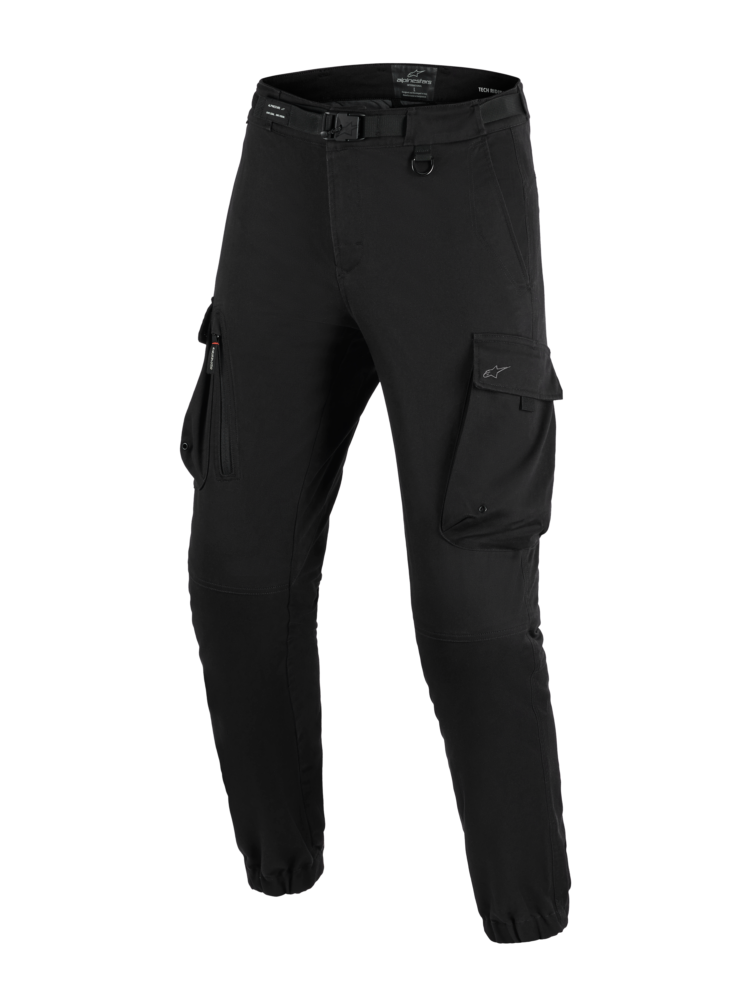 Alpinestars Flex-AST Cargo bukser - Short, urbane motorcykelbukser, sort, regular tapered pasform med elastiske sømme, integreret bælte med spænde, D-ring og store cargolommer på siderne