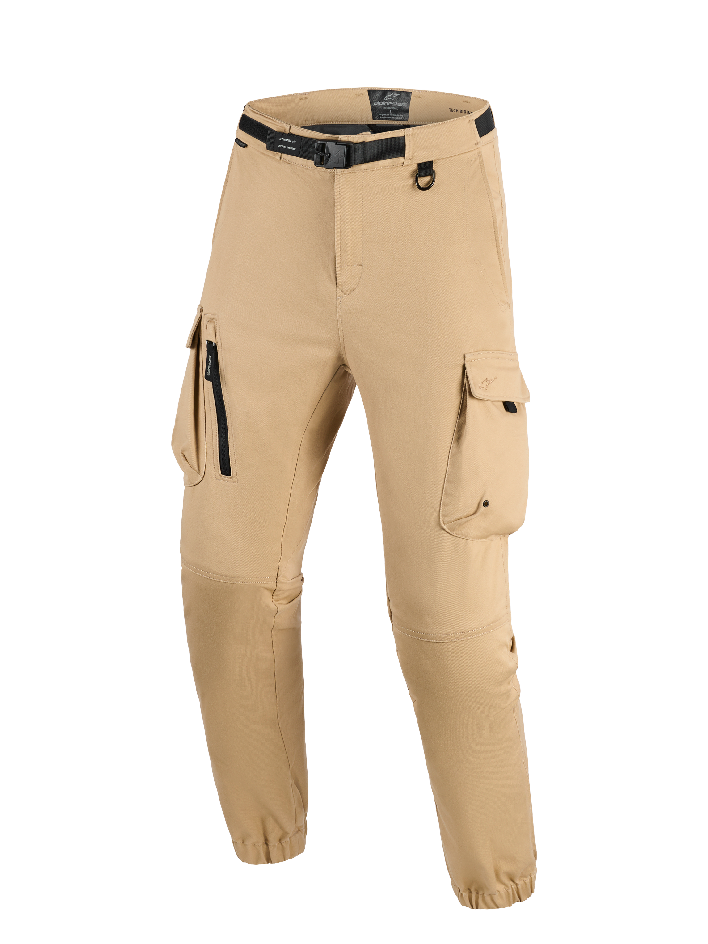 Alpinestars Flex-AST Cargo bukser - Short, lys beige, urbane motorcykelbukser med cargo-design med flere lommer, integreret sort bælte med spænde, D-ring og elastiske opslag for en tilspidset pasform