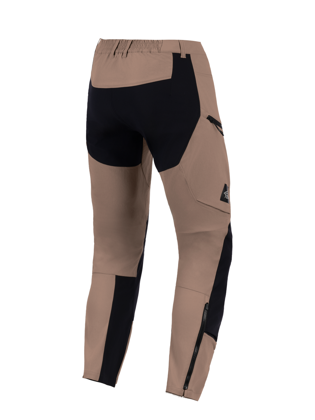Alpinestars Flex-AST Explorer bukser, Walnut Black, set bagfra, adventure motorcykelbukser med forstærkede sorte paneler på sædet og underbenene, cargolomme med lynlås og lange lynlåse i underbenene for kompatibilitet med støvler.