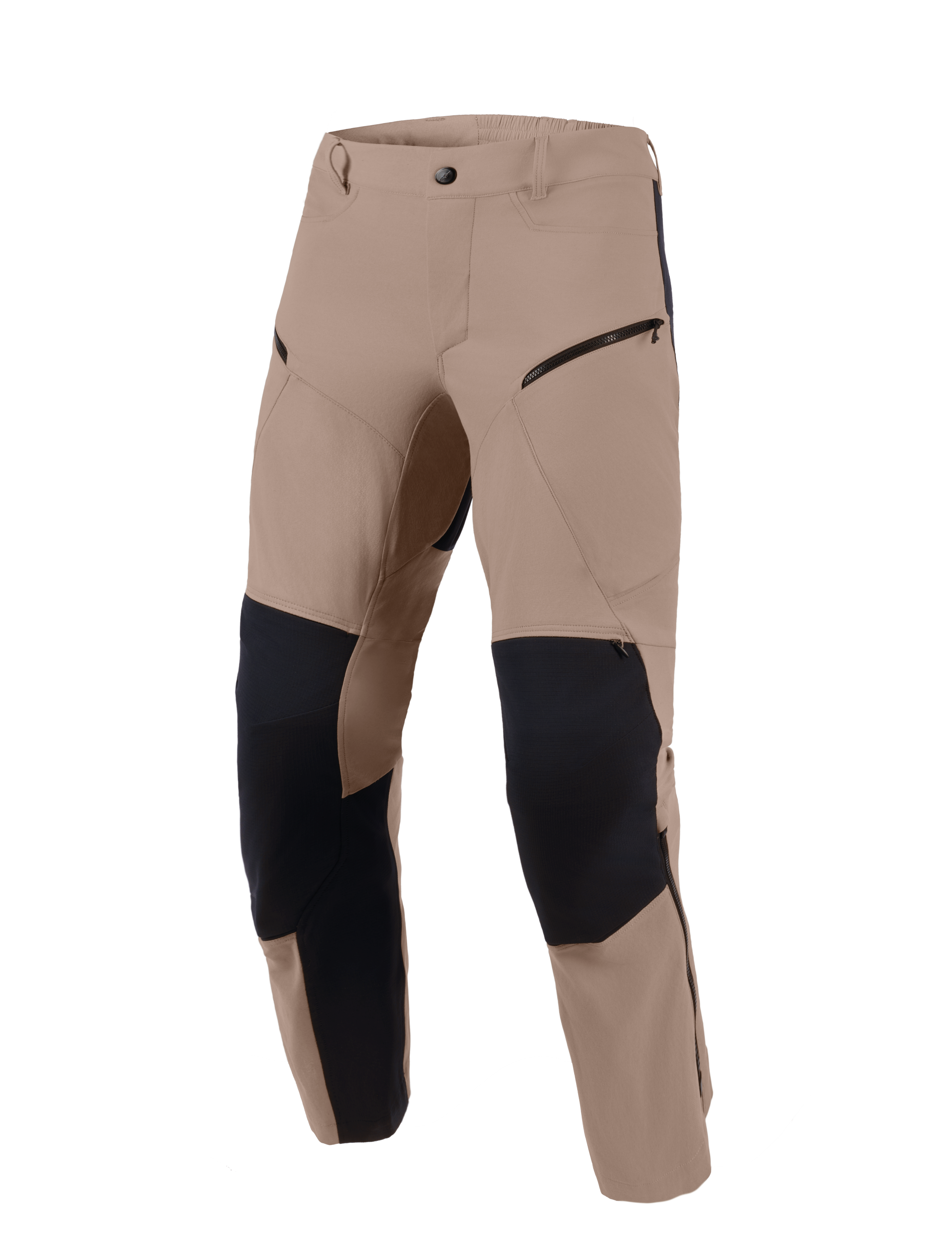 Alpinestars Flex-AST Explorer bukser, Walnut Black, adventure-motorcykelbukser med valnøddebrun stretch-tekstil og sorte ripstop-forstærkningspaneler på knæene og indersiden af benene, cargo-lommer med lynlås og et slidstærkt design til forskellige terræner.