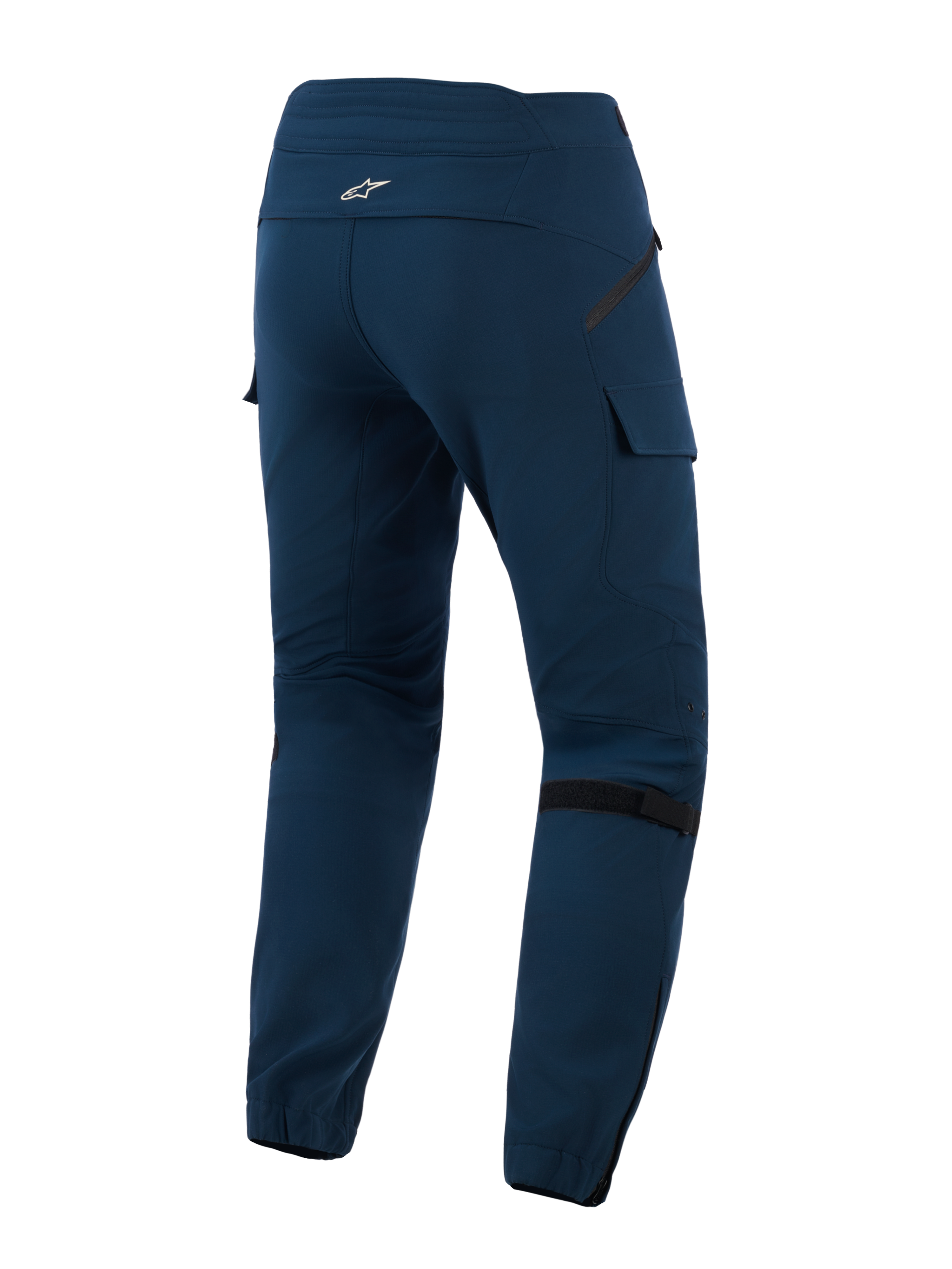 Alpinestars Juggernaut V2 Riding Pants, Night Navy, back view featuring cargo-style pockets, adjustable knee volume straps, and elasticated leg cuffs with zippers, technical textile urban motorcycle pants