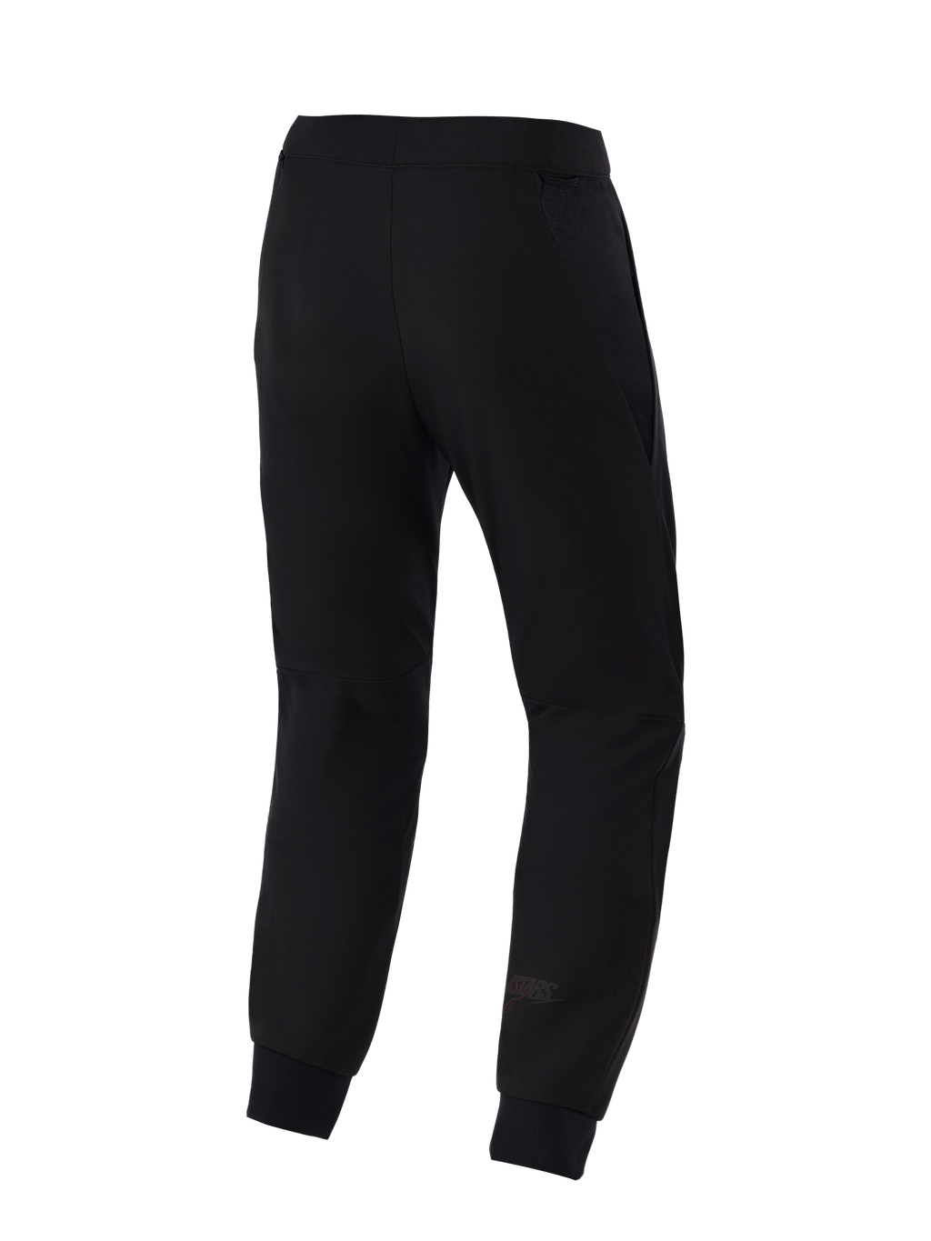 Alpinestars Aeroshell Airflow bukser, motorcykelbukser, sort, set bagfra med et let stræk-softshell-chassis, integrerede 2D mesh-paneler for åndbarhed, laserperforerede zoner på læggene og et diskret Astars-logo på underbenet.