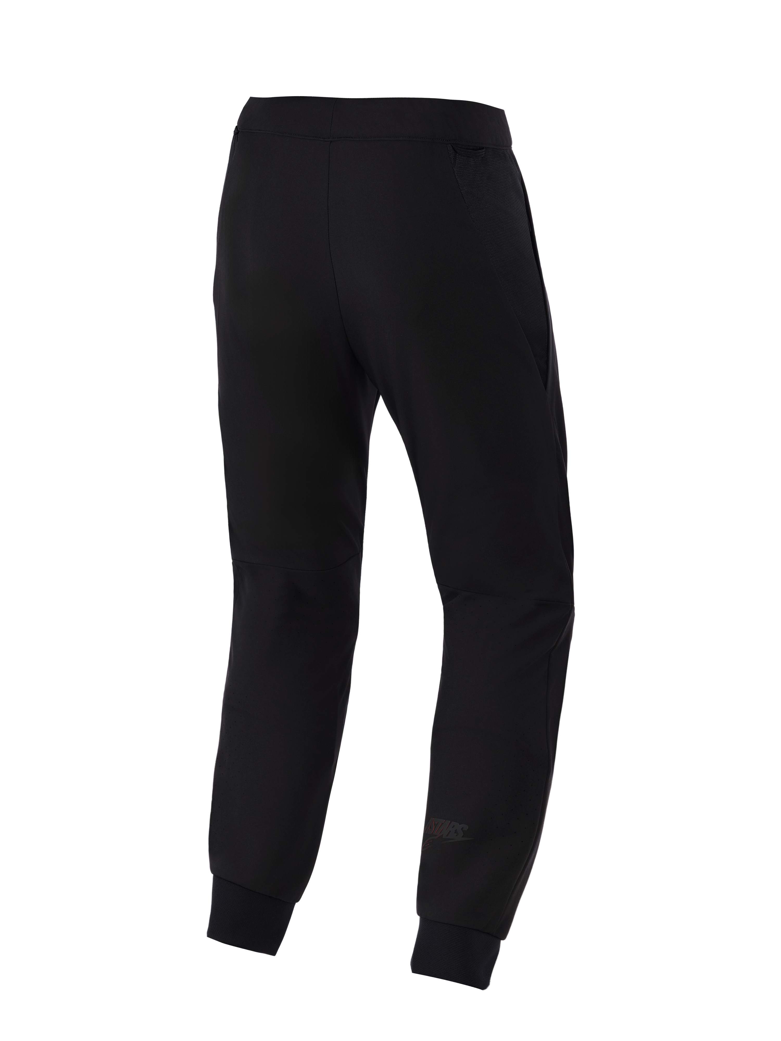 Alpinestars Aeroshell Airflow bukser, motorcykelbukser, sort, set bagfra med et let stræk-softshell-chassis, integrerede 2D mesh-paneler for åndbarhed, laserperforerede zoner på læggene og et diskret Astars-logo på underbenet.