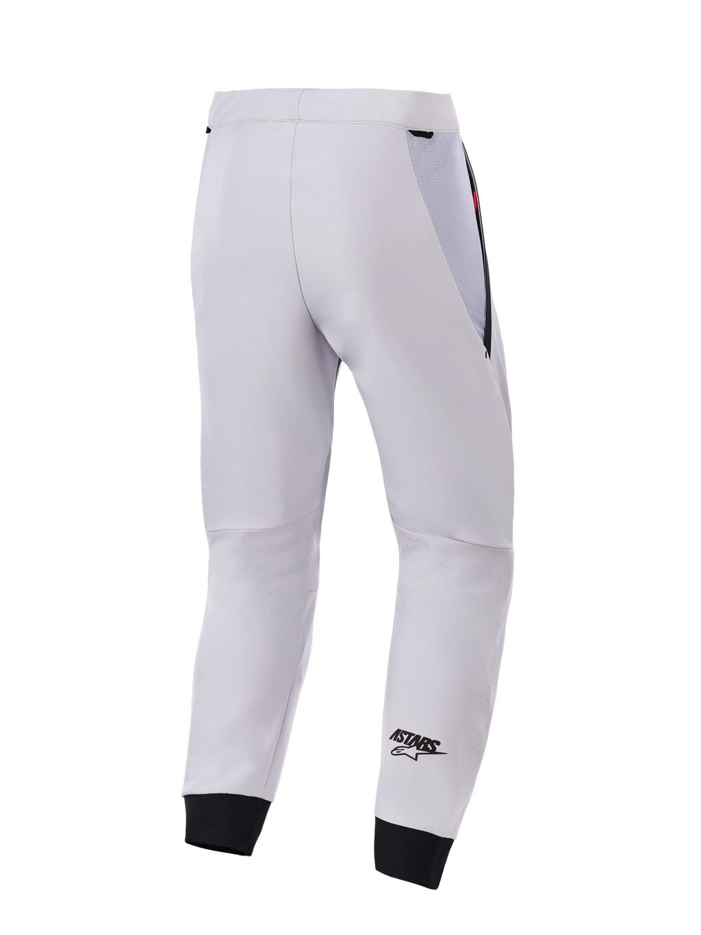 Alpinestars Aeroshell Airflow bukser, set bagfra, mellemgrå, tekniske softshell motorcykelbukser, med sorte mesh-paneler ved hofterne og elastiske manchetter, sort ASTARS-logo på underbenet, let og ventileret sportsdesign