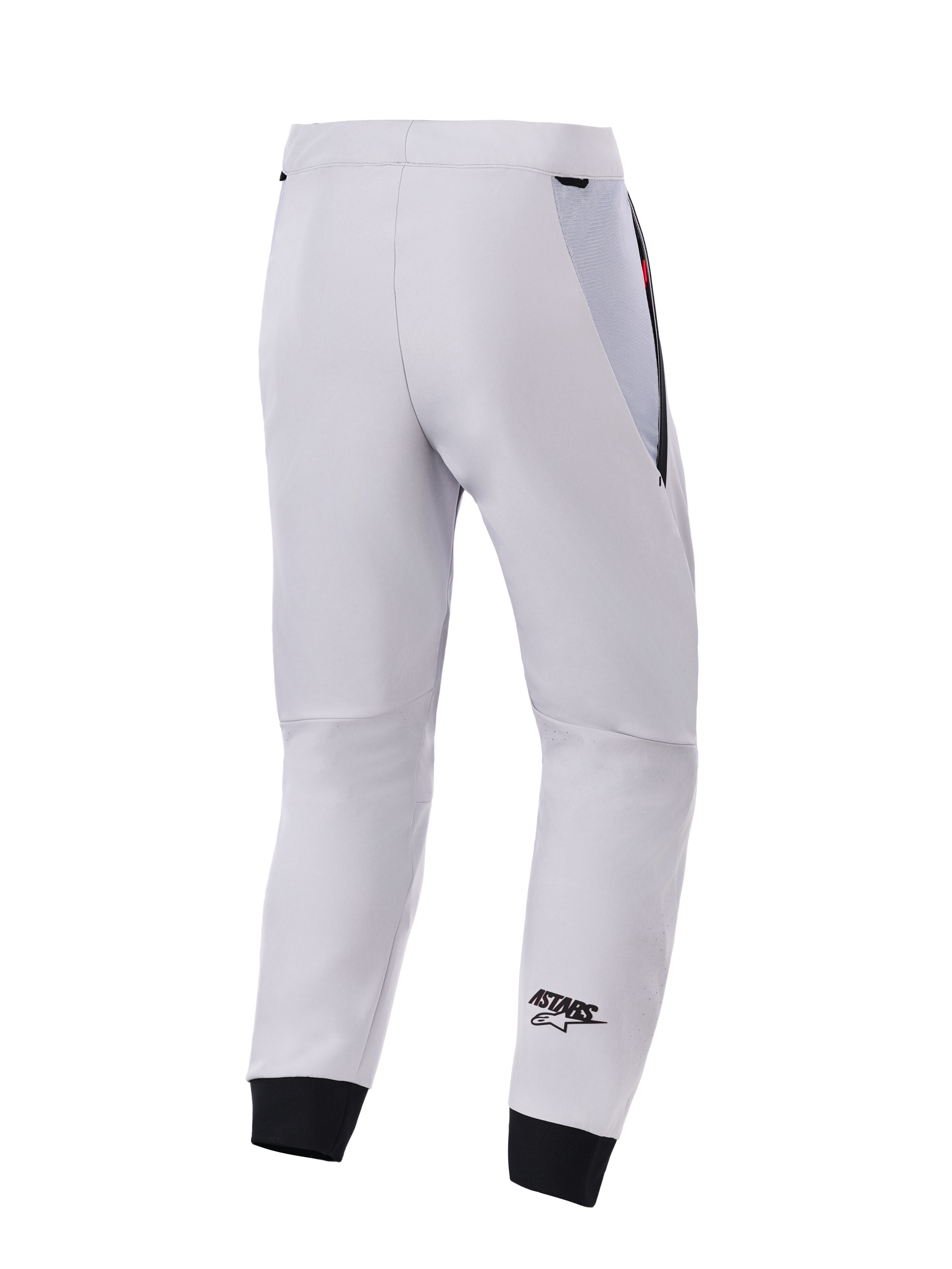 Alpinestars Aeroshell Airflow bukser, set bagfra, mellemgrå, tekniske softshell motorcykelbukser, med sorte mesh-paneler ved hofterne og elastiske manchetter, sort ASTARS-logo på underbenet, let og ventileret sportsdesign