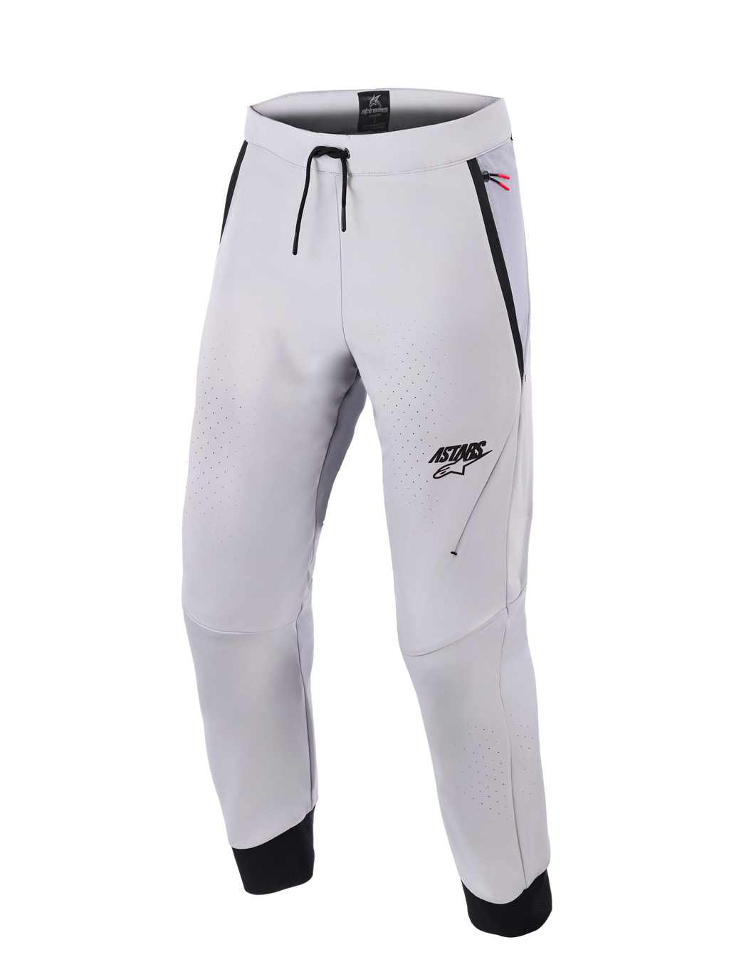 Alpinestars Aeroshell Airflow bukser, mellemgrå motorcykelbukser, med laserperforerede ventilationszoner, ASTARS-logo på venstre lår, linning med snoretræk og sorte ankelmanchetter, teknisk softshell-design til sport og bykørsel