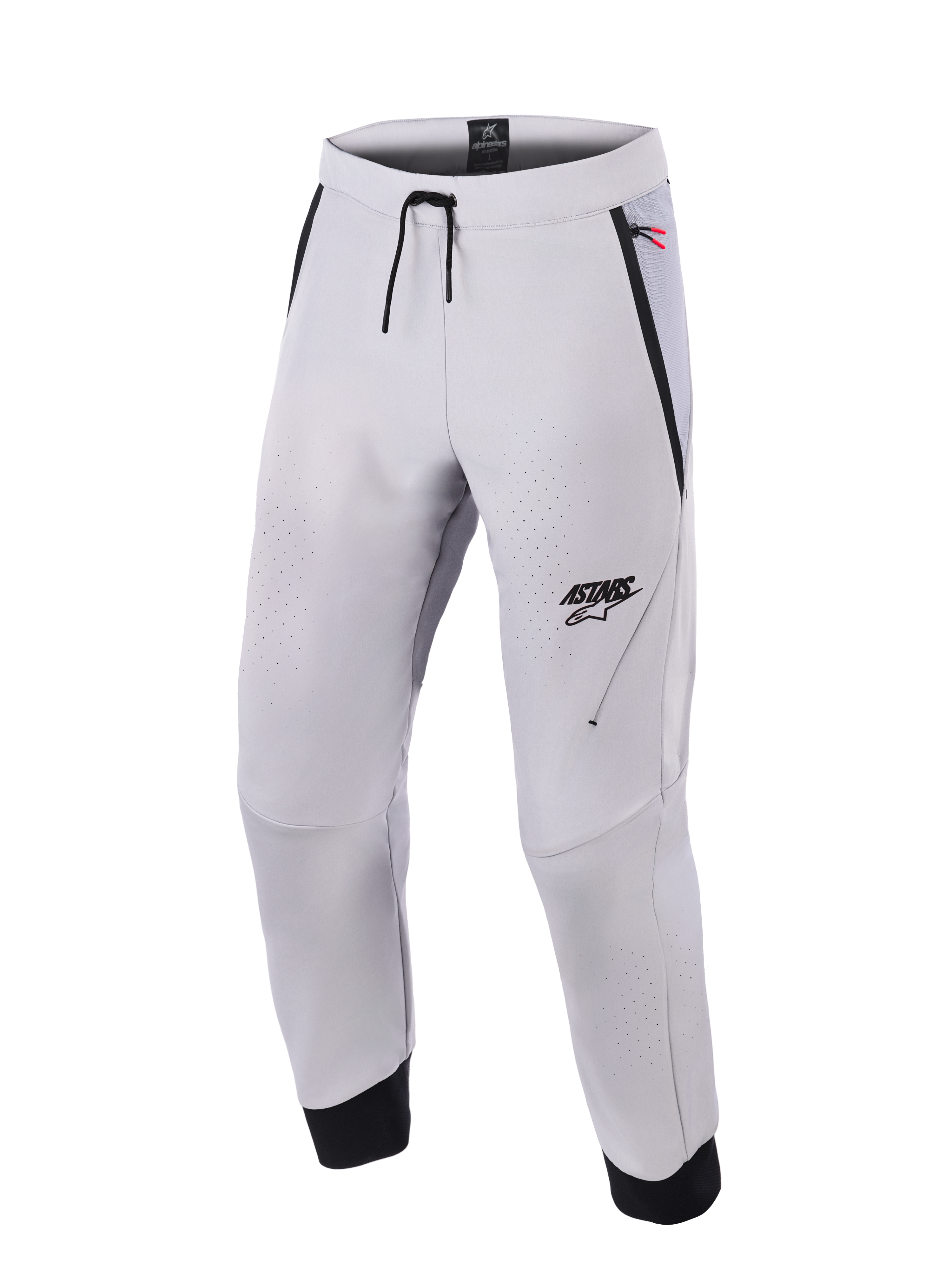 Alpinestars Aeroshell Airflow bukser, mellemgrå motorcykelbukser, med laserperforerede ventilationszoner, ASTARS-logo på venstre lår, linning med snoretræk og sorte ankelmanchetter, teknisk softshell-design til sport og bykørsel