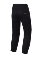 Alpinestars Flex-AST Canvas Pants, Black, back view, heritage workwear style motorcycle pants with Alpinestars logo on the back pocket, contrast decorative topstitching, and adjustable snap closures at the leg hems