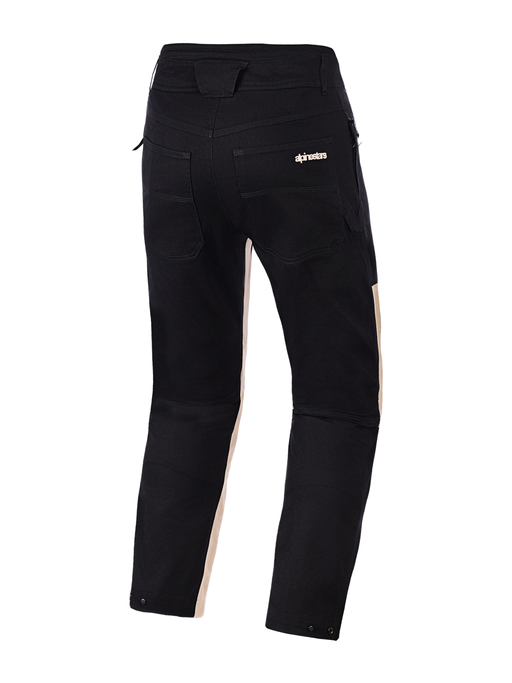 Alpinestars Flex-AST Canvas bukser, set bagfra, Black Aluminum, sort polycotton-twill med lyse sandfarvede detaljer på indersiden af benene, to baglommer med Alpinestars-branding, trykknap-justeringer ved benåbningerne, urbane motorcykelbukser med et arbejdstøjsinspireret design
