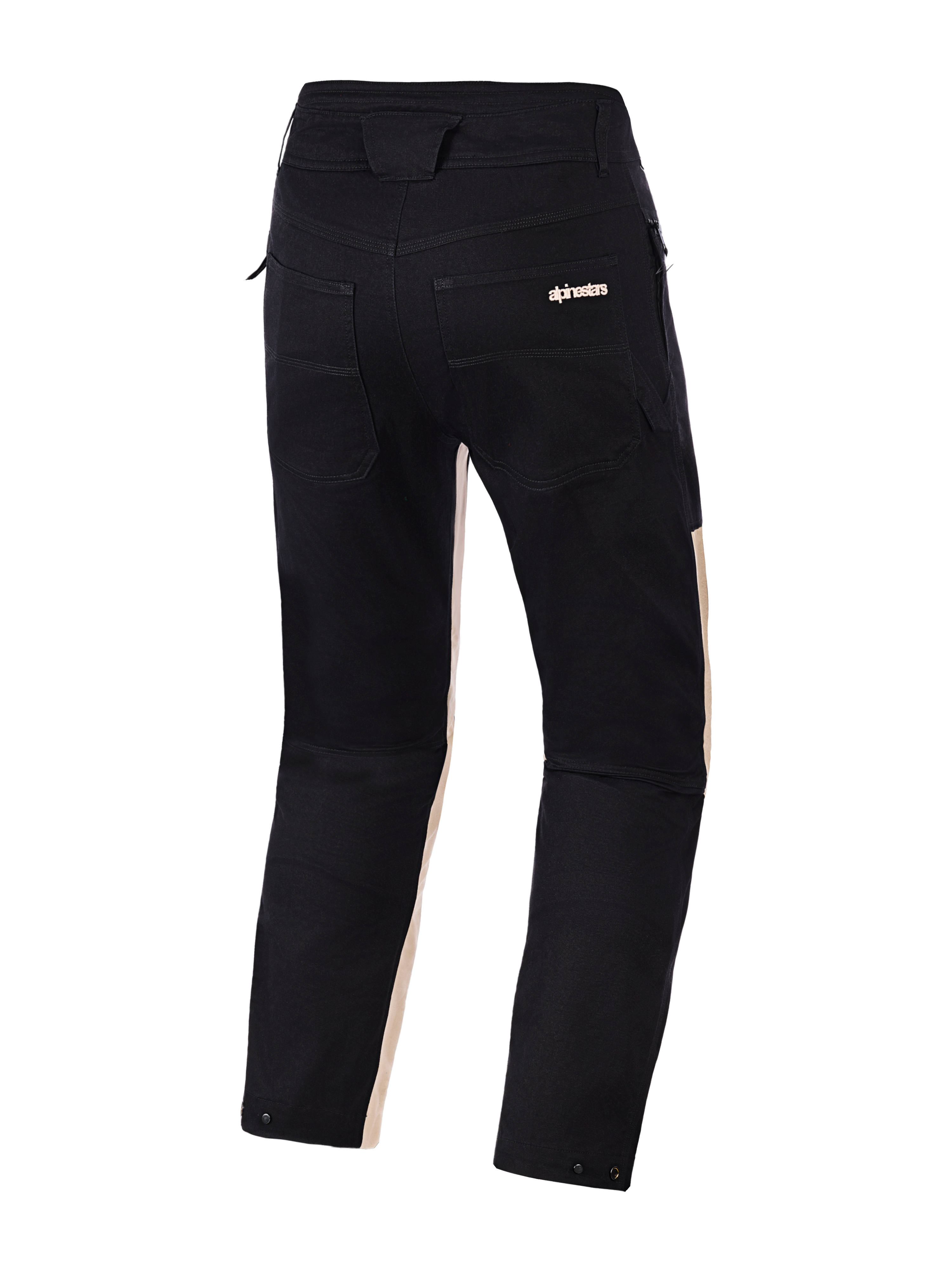 Alpinestars Flex-AST Canvas bukser, set bagfra, Black Aluminum, sort polycotton-twill med lyse sandfarvede detaljer på indersiden af benene, to baglommer med Alpinestars-branding, trykknap-justeringer ved benåbningerne, urbane motorcykelbukser med et arbejdstøjsinspireret design