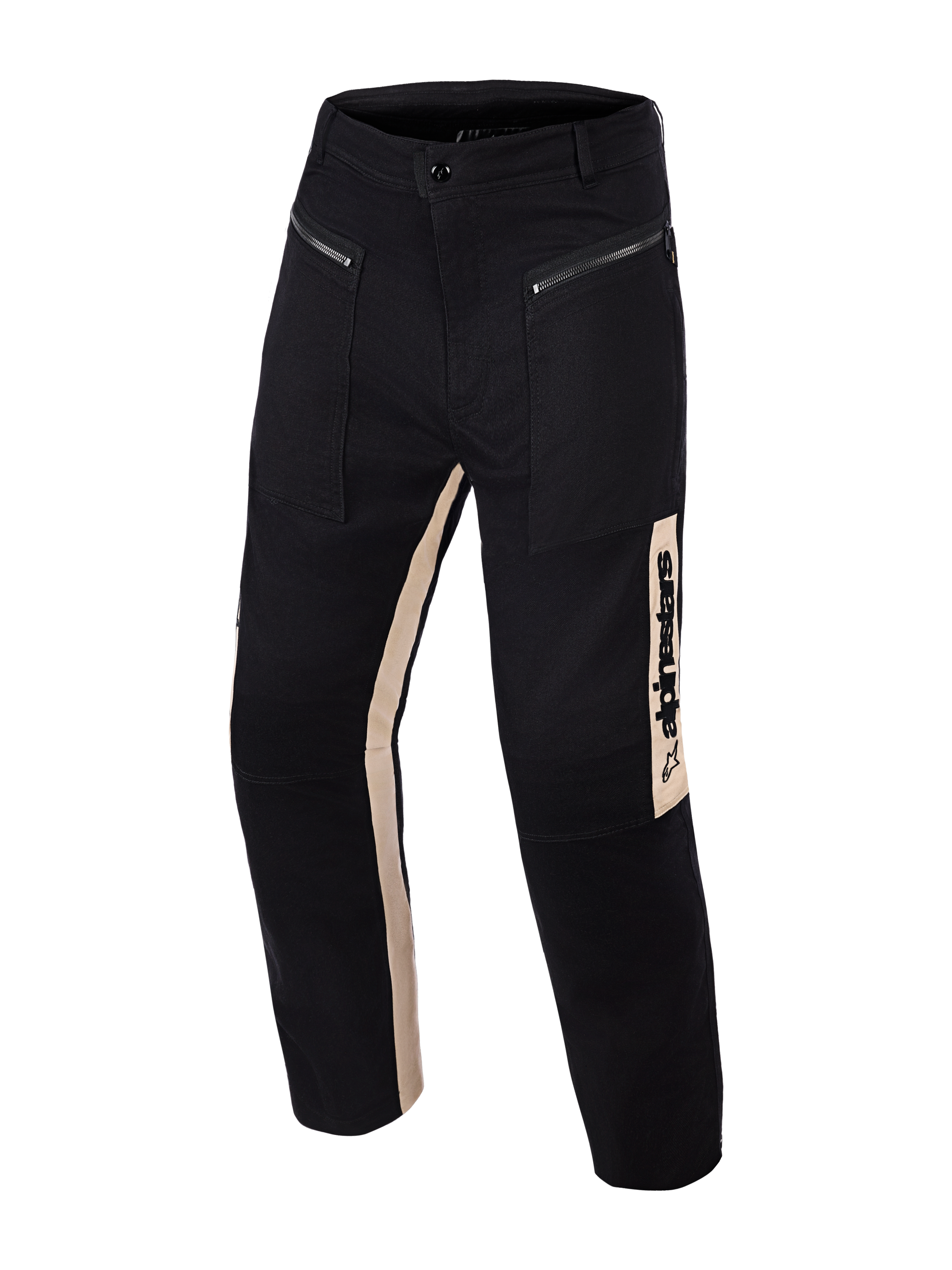 Alpinestars Flex-AST Canvas bukser, Black Aluminum, urbane motorcykelbukser med arbejdstøjs-inspireret design, sandfarvede lodrette sidepaneler med markant Alpinestars-logo, forlommer med metallynlåse, ergonomiske forformede knæ