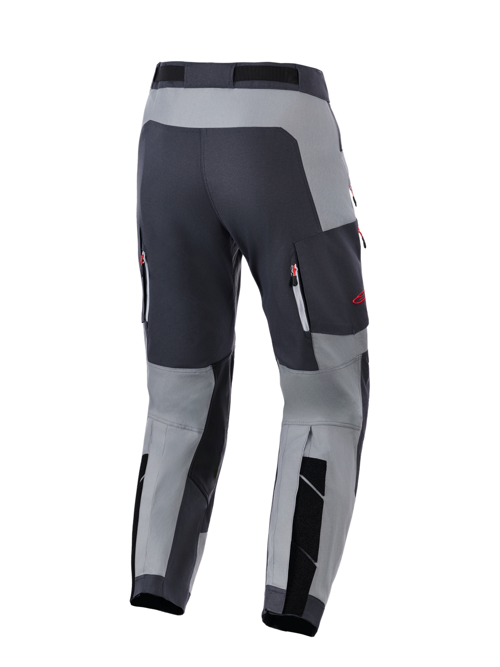 Alpinestars Maxdura Dual bukser, adventure motorcykelbukser, mørkegrå og dyb grå, set bagfra med forstærket sædeområde og ventilationslommer med lynlås og røde detaljer, designet til dual-sport-ydeevne.