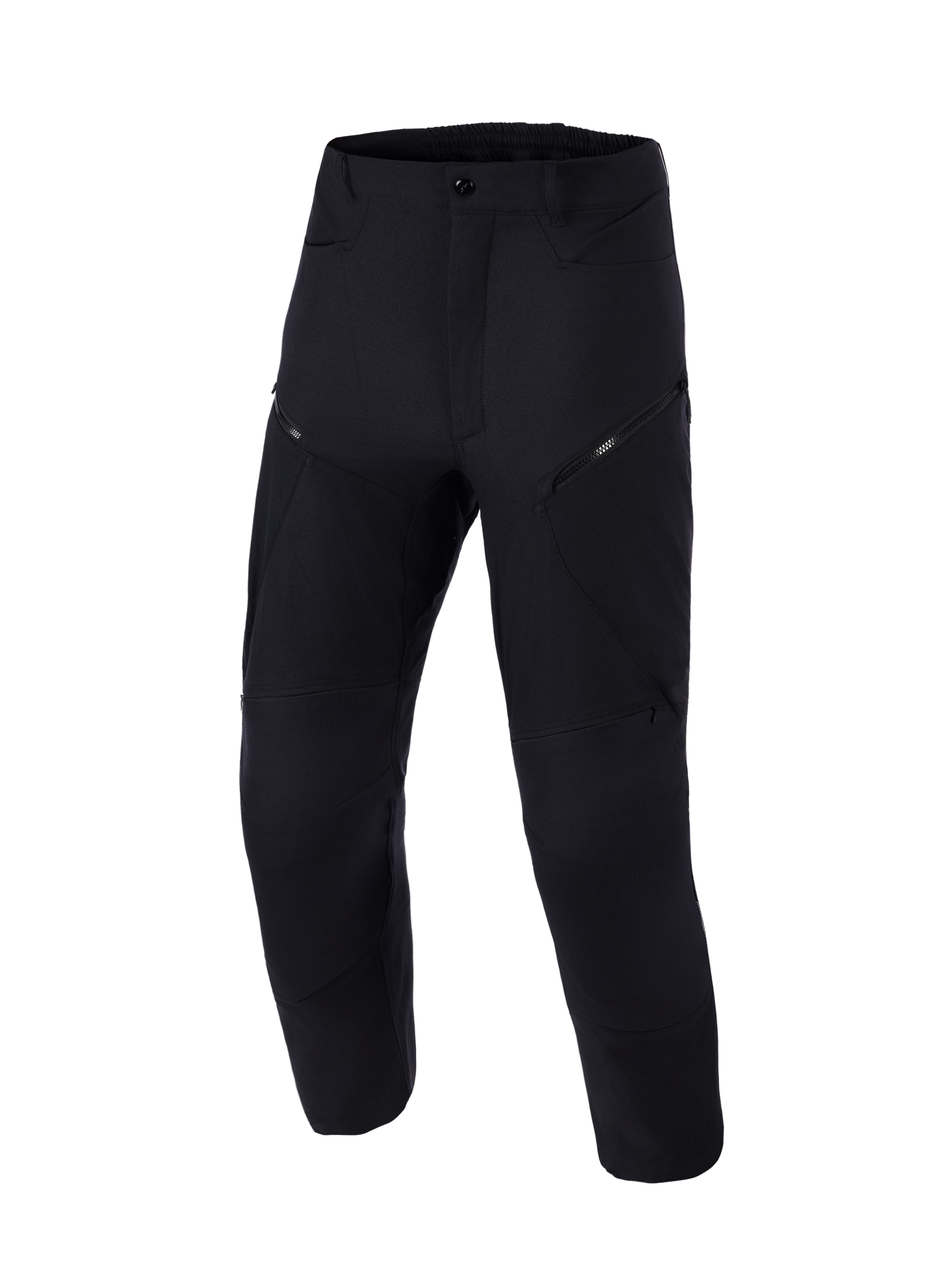 Alpinestars Explore AST Pants Short, adventure-motorcykelbukser, sort, set forfra, med teknisk strækbar ripstop-konstruktion, diagonale cargo-lommer med lynlås og et ergonomisk design til kørsel i varmt vejr.