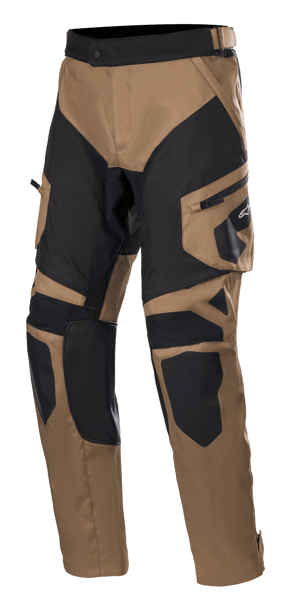 Alpinestars Venture XT Pants Over Boot, motorcykelbukser til adventure touring, camel og sort, forstærkede knæ- og lårpaneler, sidelomme med Alpinestars-logo, justerbar taljerem