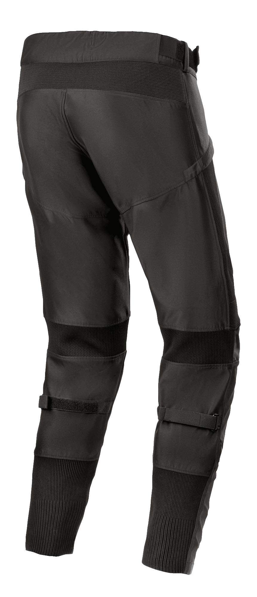 Alpinestars T SP-5 Rideknit® bukser, tekstil motorcykelbukser, sort, set bagfra med fokus på høj rygprofil og tætsiddende pasform, med strikkede teknologi-strækpaneler bag knæ og ankler, justerbare lægstørre, performance udstyr til landevejskørsel