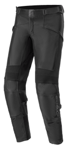 Alpinestars T SP-5 Rideknit bukser, sorte motorcykelbukser i tekstil, ribbede strækpaneler på knæene, justerbare taljestropper, slidstærke strikkede sektioner for fleksibilitet, tætsiddende sportslig pasform