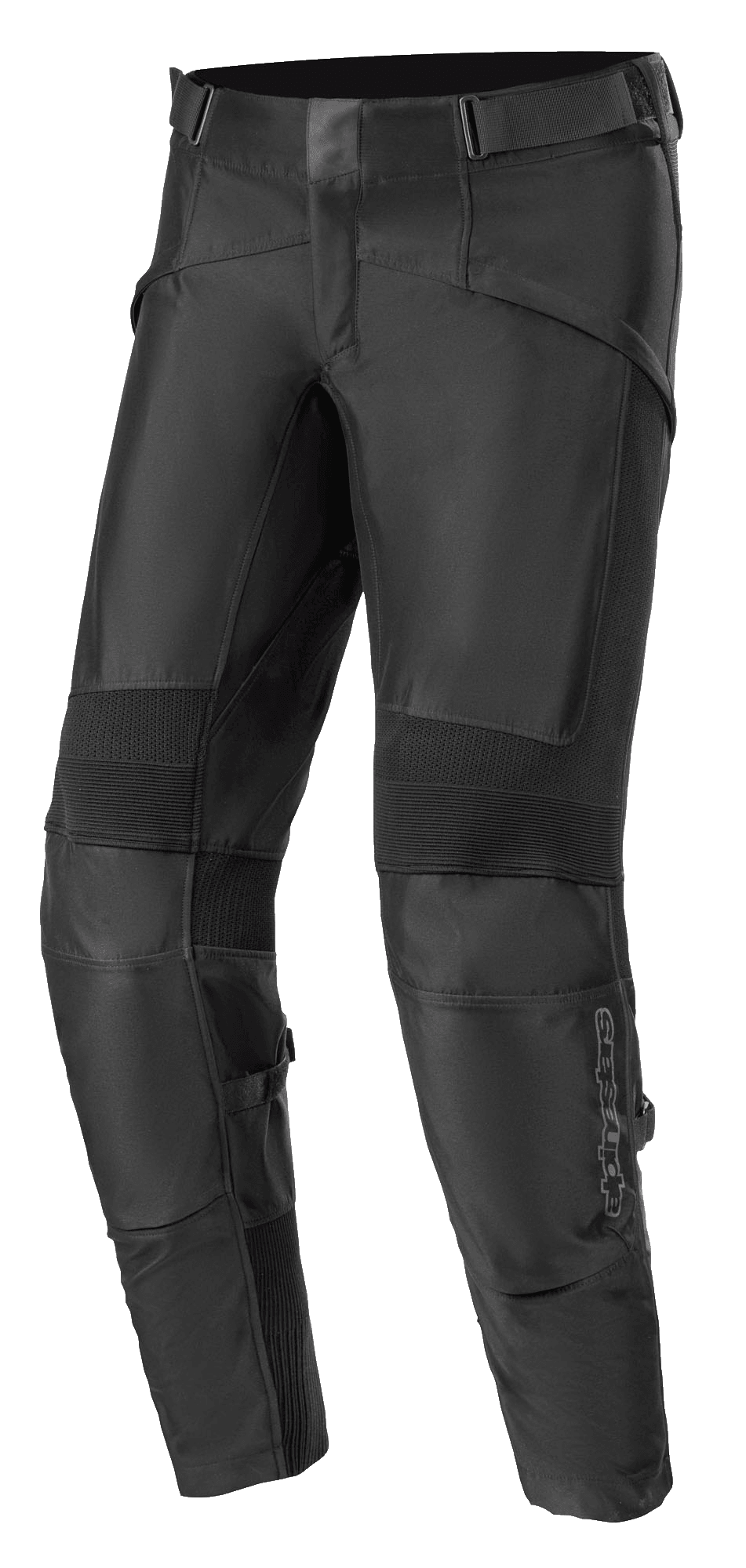 Alpinestars T SP-5 Rideknit bukser, sorte motorcykelbukser i tekstil, ribbede strækpaneler på knæene, justerbare taljestropper, slidstærke strikkede sektioner for fleksibilitet, tætsiddende sportslig pasform