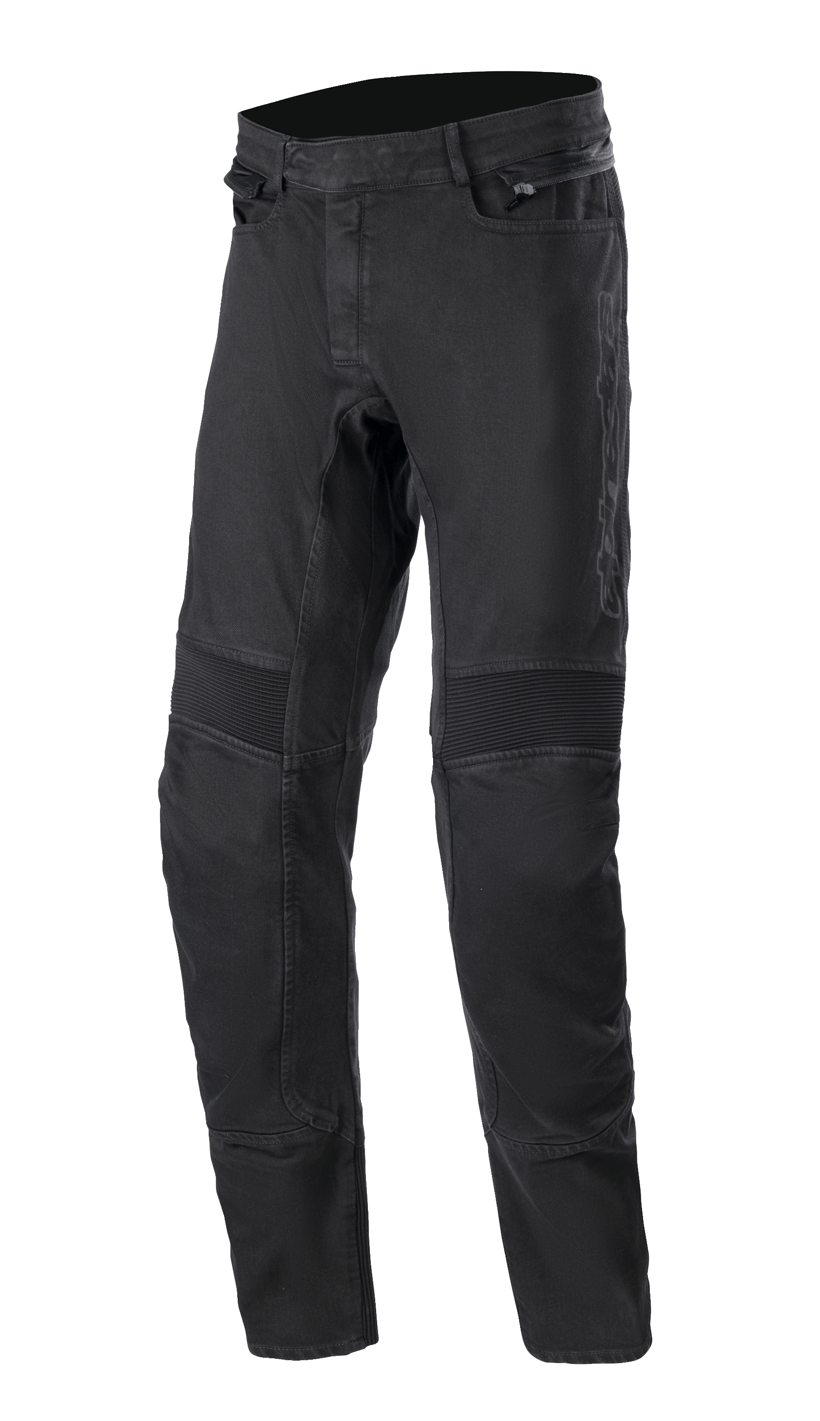 Alpinestars SP Pro bukser, tekniske motorcykelbukser, sort, slim fit stretch-denim med ribbede harmonika-fleksibilitetspaneler på knæene, sidelommer med lynlås og slidstærke tredobbelte syninger