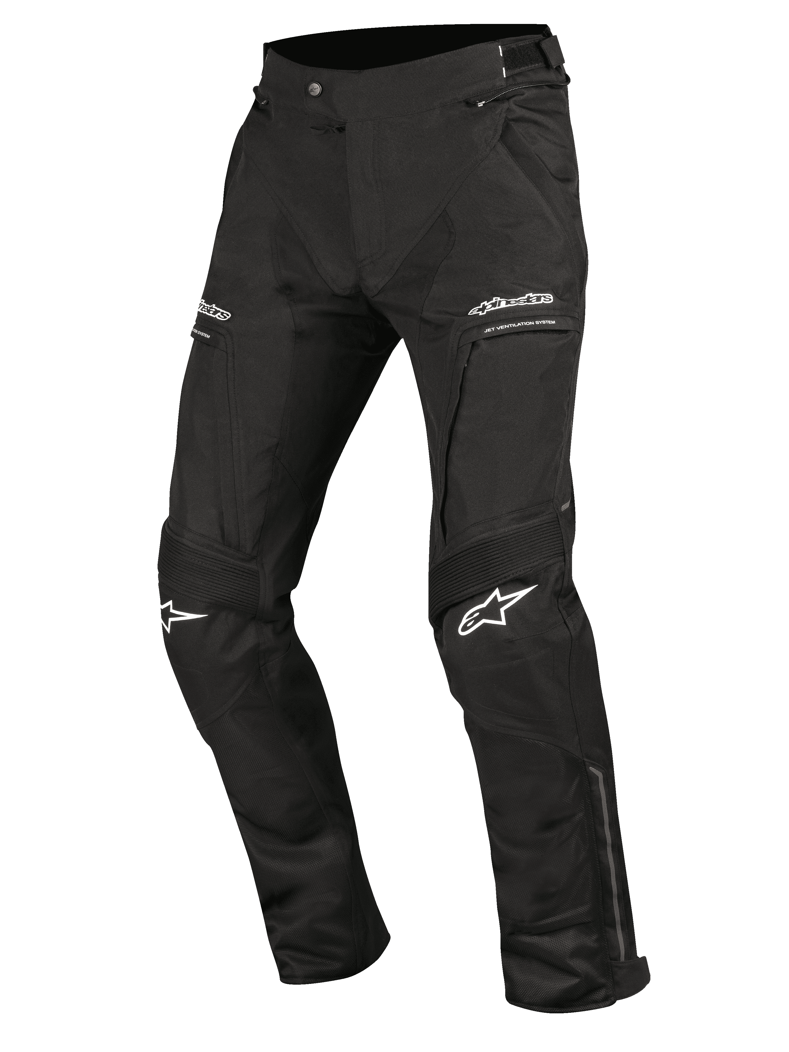 Alpinestars Ramjet Air bukser, motorcykelbukser, sort, med mesh-ventilationspaneler, harmonika-strækindsatser på knæene, hvide logoer på lår og knæ, lynlåslommer og slidstærk flerpanel tekstilkonstruktion til road touring