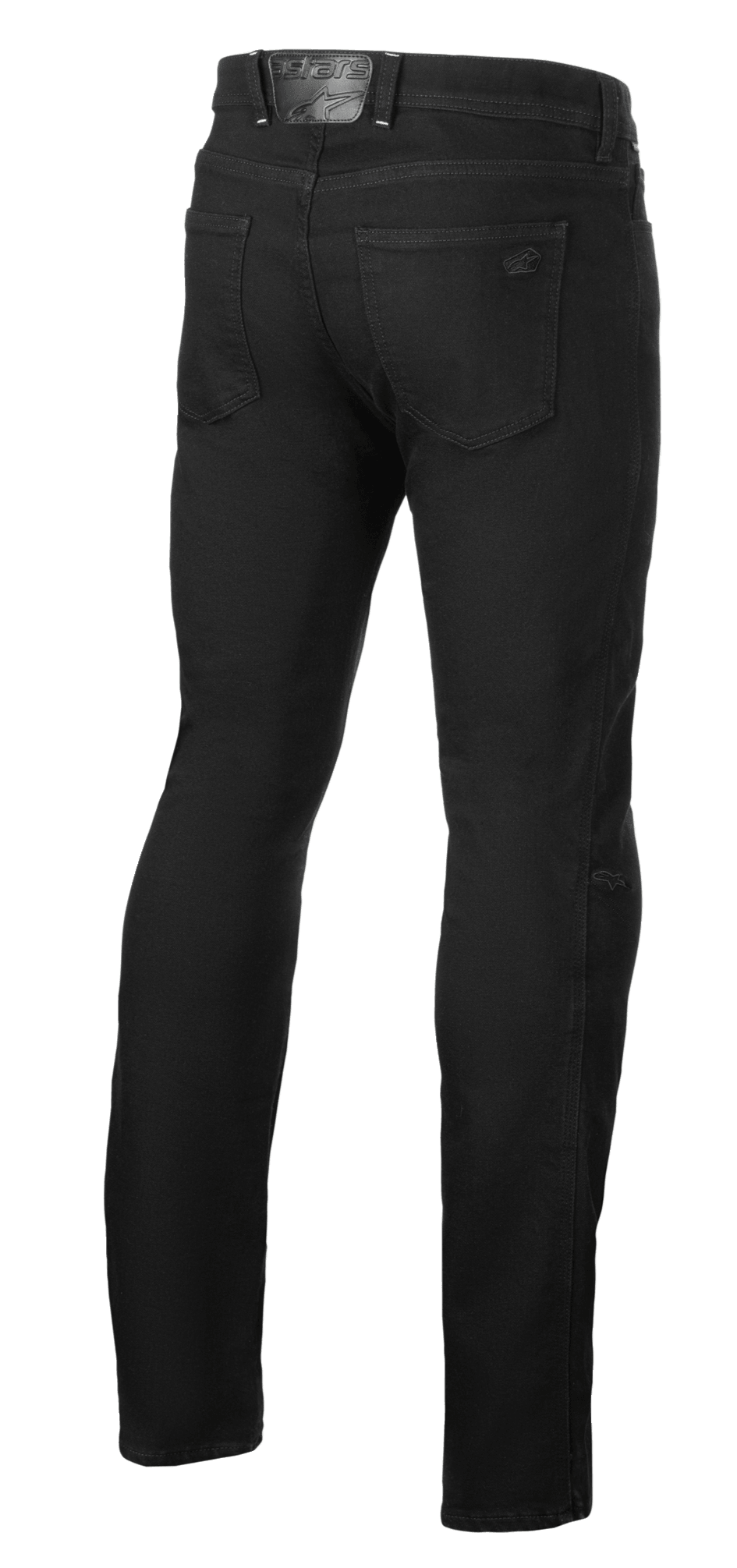 Alpinestars Cult-8 Stretch Denim bukser, Black Rinse, motorcykeljeans set bagfra, lige ben og almindelig pasform, med baglommer og præget læderlogo-patch på linningen, afslappet urban stil.