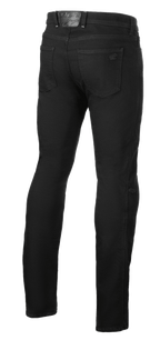 Alpinestars Cult-8 Stretch Denim bukser, Black Rinse, motorcykeljeans set bagfra, lige ben og almindelig pasform, med baglommer og præget læderlogo-patch på linningen, afslappet urban stil.