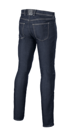 Alpinestars Cult-8 Stretch Denim bukser, Rinse Blue, set bagfra, fem-lommers design med tonalt logo-broderi på baglommen, afslappet regulær pasform med lige ben, beskyttende motorcykeljeans